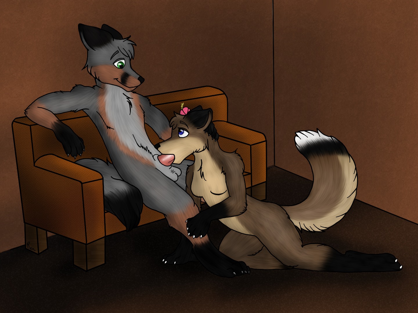 4:3 anthro balls blue_eyes breasts brown_body brown_fur canid canine duo e621 erection eye_contact fellatio female female_penetrated fox fur genitals green_eyes grey_body grey_fur looking_at_another male male/female male_penetrating male_penetrating_female mammal nude oral oral_penetration penetration penile penis renashe sex sitting tail