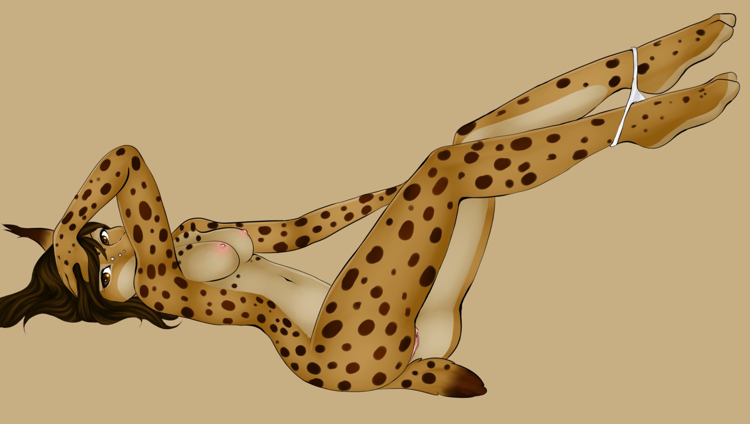anthro breasts brown_eyes brown_hair feline female fur furry hair hi_res lynx nipples nude on_back panties panties_around_leg piercing pinup pose pussy raised_arm rule34 solo spots underwear white_panties