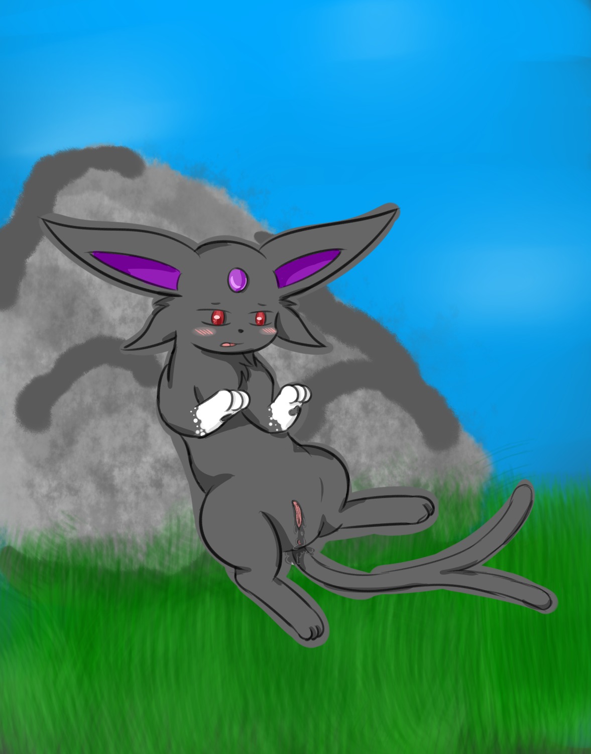 alternate_color anus blush bodily_fluids clitoris dripping e621 eeveelution espeon female feral freebre freespirit59 generation_2_pokemon genital_fluids genitals hi_res lying nintendo on_back pokemon pokemon_(species) presenting rock solo vaginal_fluids vulva