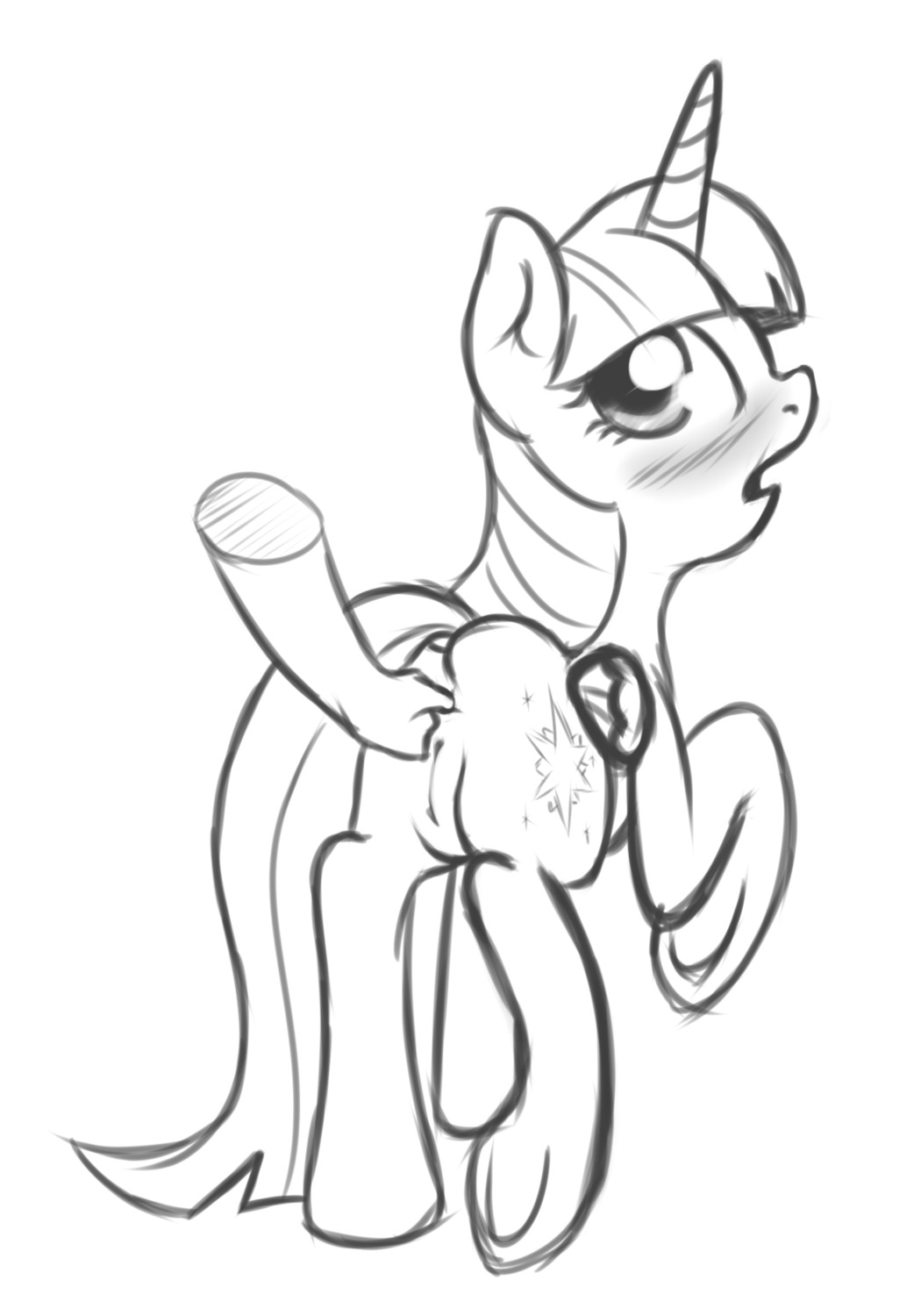 2014 anal anal_fingering anus blush butt cutie_mark disembodied_hand duo e621 equid equine feathered_wings feathers female feral fingering friendship_is_magic genitals hair hasbro hi_res horn mammal monochrome mostazathy my_little_pony mythological_creature mythological_equine mythology open_mouth solo_focus standing twilight_sparkle_(mlp) vulva winged_unicorn wings
