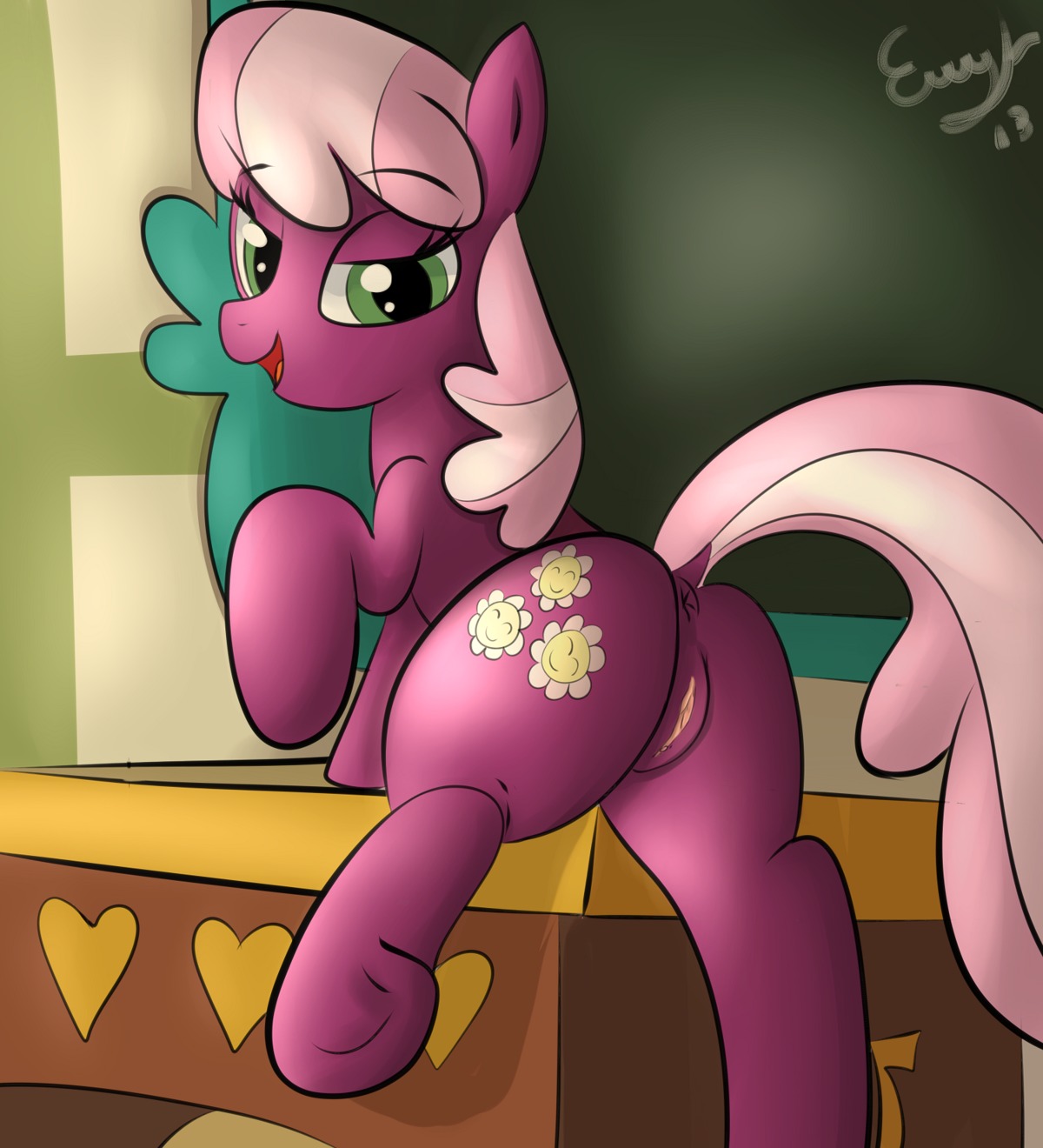 anus bedroom_eyes butt chalkboard cheerilee_(mlp) classroom clitoris cutie_mark desk e621 earth_pony equid equine female feral friendship_is_magic fur furniture genitals green_eyes hair half-closed_eyes hasbro hi_res hooves horse information_board looking_at_viewer looking_back mammal matimus91 multicolored_hair my_little_pony narrowed_eyes on_desk open_mouth pink_hair pony presenting purple_body purple_fur raised_tail school seductive smile solo table tail two_tone_hair underhoof unprofessional_behavior vulva
