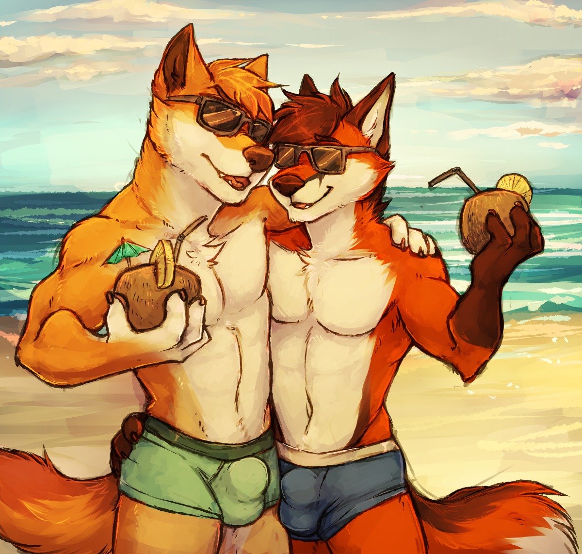 aarondingo ajdingo anthro beach beverage bulge canid canine canis chipfox clothed clothing cloud cocktail_garnish cocktail_umbrella coconut conditional_dnp dadingo dingo drupe_(fruit) duo e621 eyewear food fox fruit garnetto holding_object male mammal outside plant pose red_fox seaside sky sunglasses swimwear tail topless true_fox