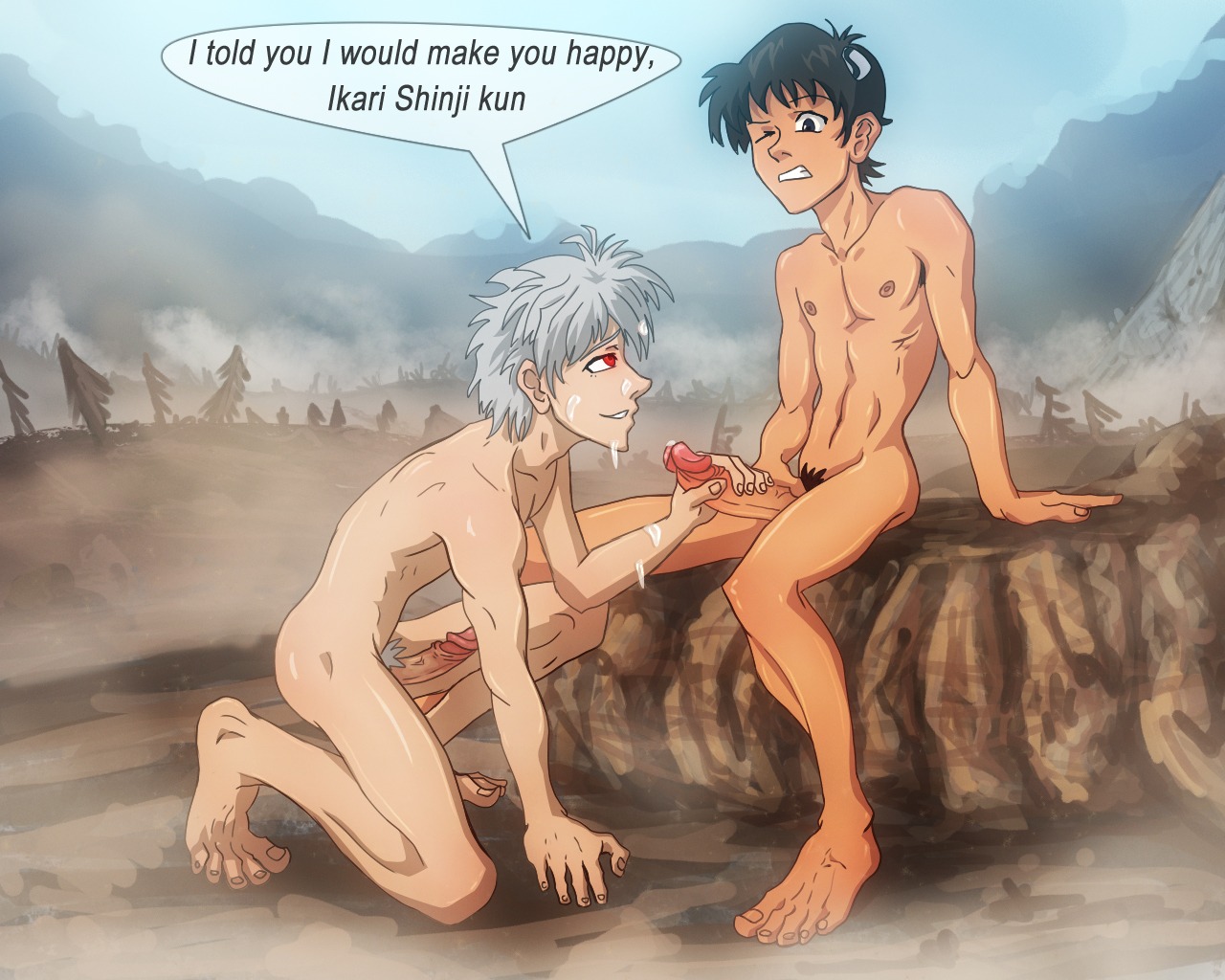 2boys anma barefoot cum english feet foreskin fully_retracted_foreskin gay handjob kaworu_nagisa male male_only muscles neon_genesis_evangelion nude penis pubic_hair red_eyes retracted_foreskin rule34 shinji_ikari uncensored uncircumcised yaoi