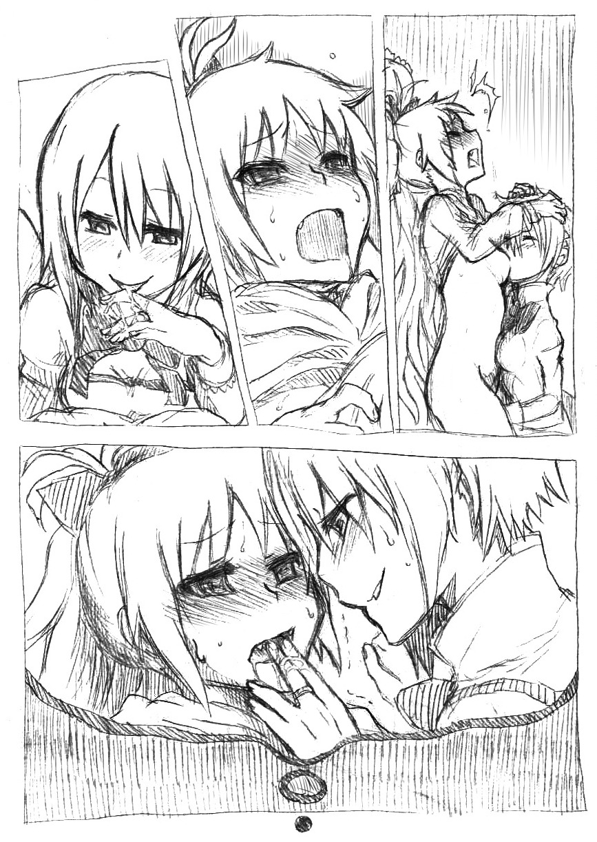 breastfeeding breasts daigaga face female fingering highres long_hair mahou_shoujo_madoka_magica miki_sayaka monochrome multiple_females multiple_girls ponytail rule34 sakura_kyouko short_hair tear tied_hair yuri