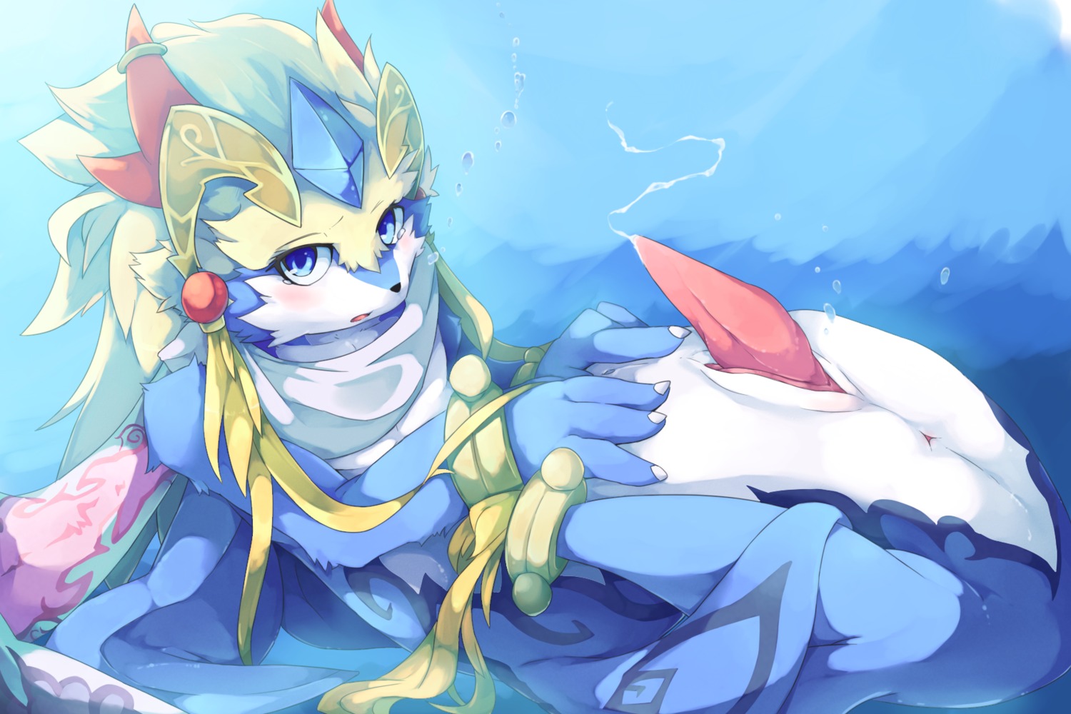 animal_genitalia anus aquatic bandai_namco bodily_fluids canid canine canis cool_colors cum domestic_dog dragon e621 erection fur furred_dragon furred_scalie genital_fluids genital_slit genitals girokemo hi_res hybrid male mammal mythological_creature mythological_scalie mythology penis scalie shaorune solo tales_of_(series) tales_of_rebirth tapering_penis underwater water
