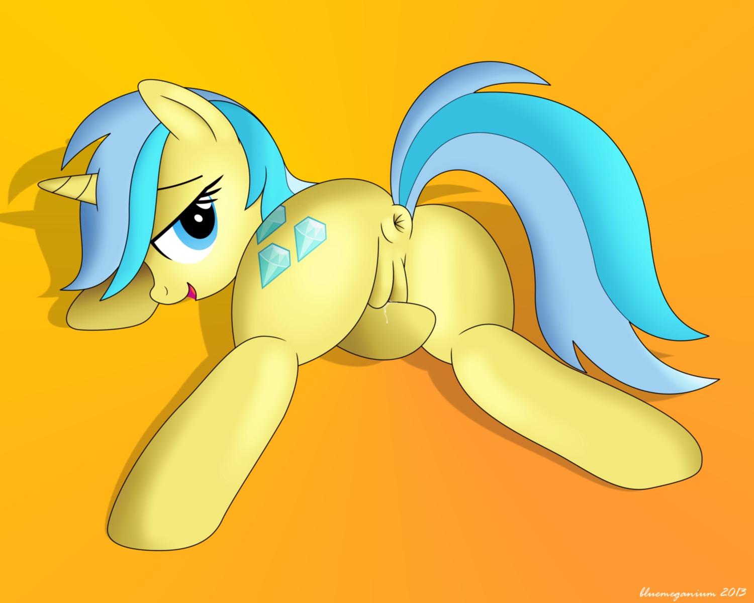 2013 absurd_res anus bluemeganium butt cutie_mark digital_media_(artwork) e621 equid equine female feral friendship_is_magic genitals green_eyes hair hasbro hi_res horn lemony_gem_(mlp) looking_back mammal multicolored_hair my_little_pony mythological_creature mythological_equine mythology simple_background solo tail two_tone_hair unicorn vulva