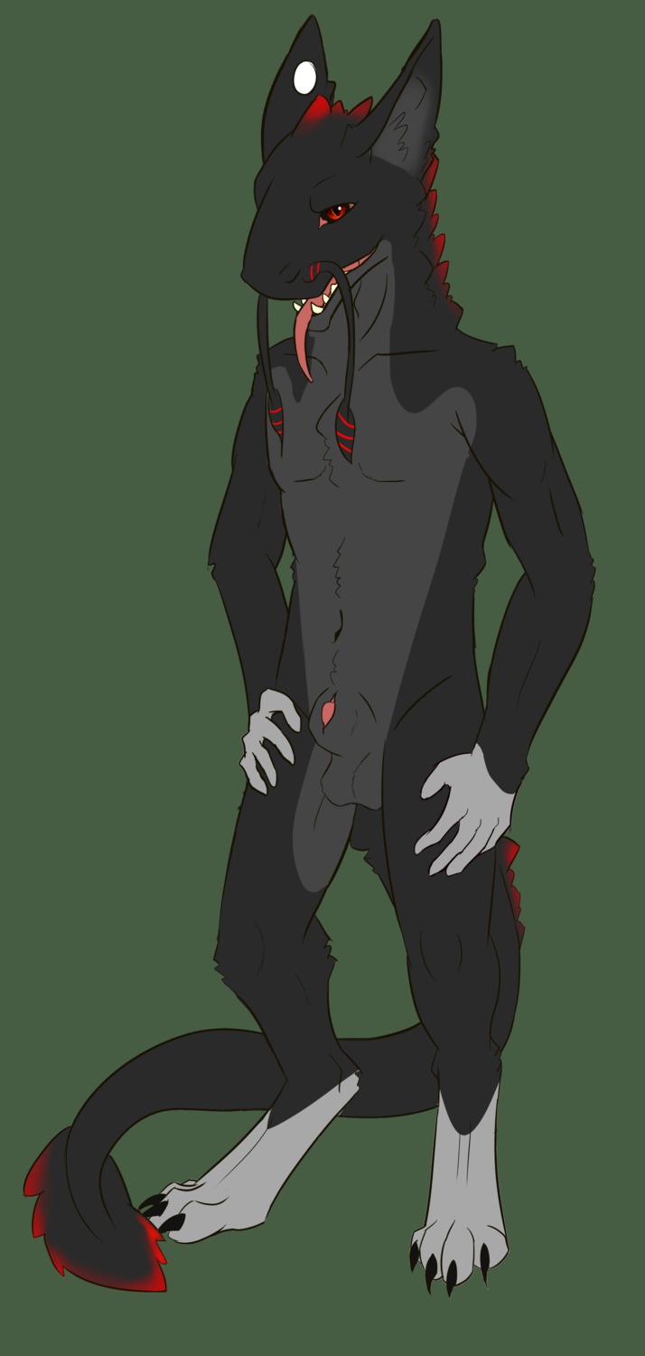 4_toes absurd_res animal_genitalia anthro balls biped black_body black_fur claws digitigrade dragon e621 feet fur furred_dragon furred_scalie genitals hi_res hindpaw long_tongue looking_at_viewer male mythological_creature mythological_scalie mythology nude paws penis penis_tip red_eyes scalie sheath simple_background solo standing tail toes tongue tongue_out xoloitz