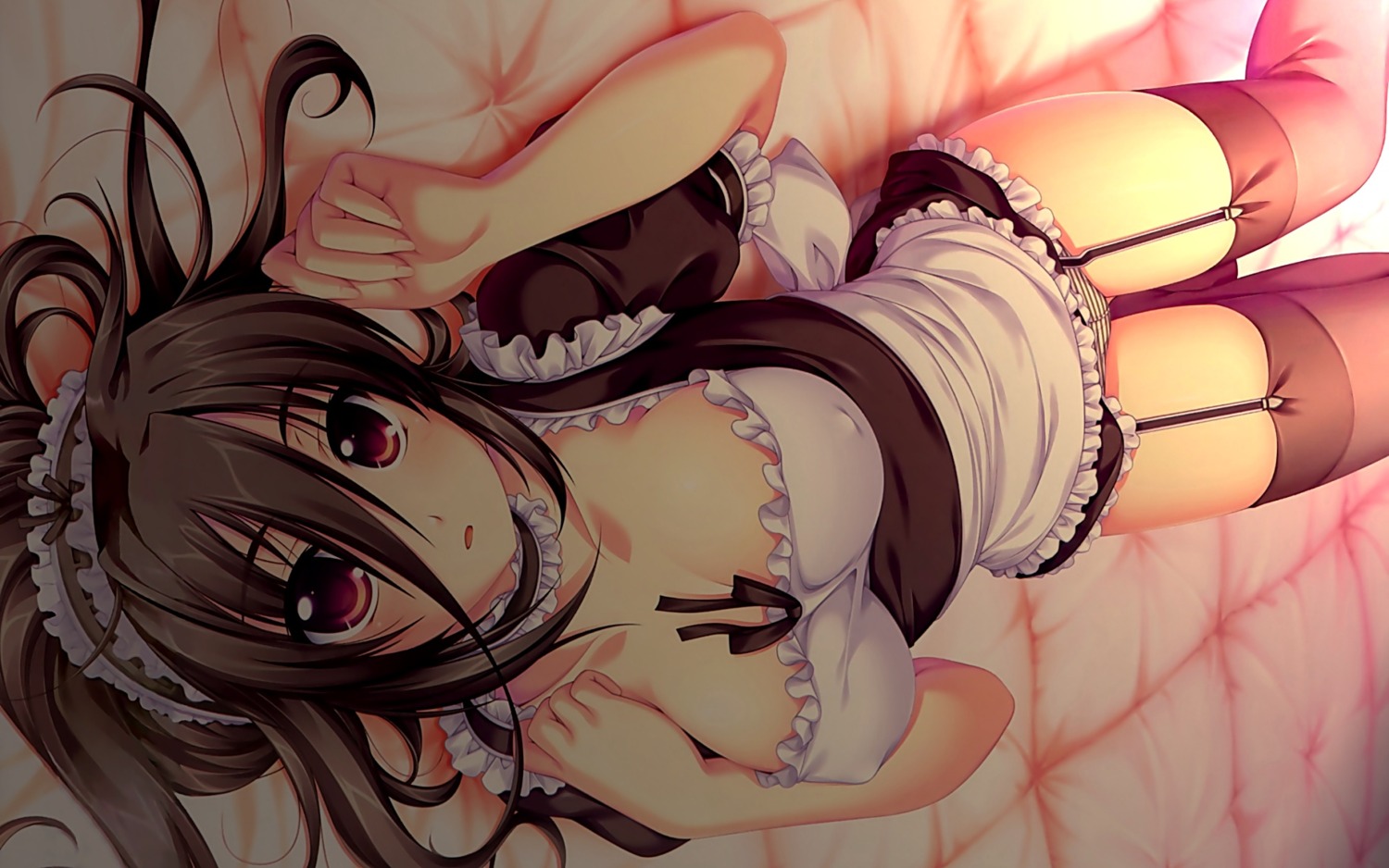 1girls alpha_(artist) apron bed black_hair blush bonnet breasts brown_eyes brown_hair cleavage color erect_nipples female frills from_above g-senjou_no_maou garter_straps highres long_hair lying maid maid_headdress nipples on_back open_mouth panties pantyshot pantyshot_(lying) red_eyes rule34 skirt skirt_lift solo striped striped_panties thighhighs underwear usami_haru wallpaper widescreen