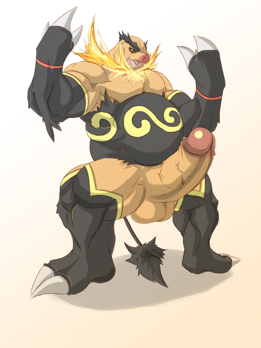 3:4 anthro anthrofied balls big_balls big_penis digital_media_(artwork) e621 emboar erection fire flaming_hair flaming_mane fur generation_5_pokemon genitals hi_res huge_penis humanoid_genitalia humanoid_penis kourney looking_at_viewer male mammal muscular muscular_anthro muscular_male nintendo open_mouth pecs penis pokemon pokemon_(species) pokemorph pseudo_hair pseudo_mane simple_background solo suine tail vein veiny_penis