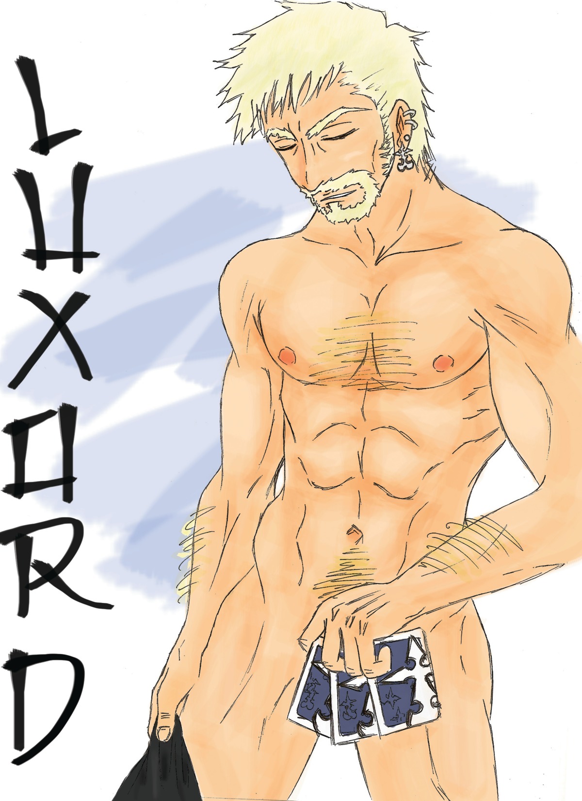 abs bara beard blonde_hair chest_hair closed_eyes disney gay kingdom_hearts luxord male male_only muscles nude organization_xiii playing_cards rule34 square_enix yaoi