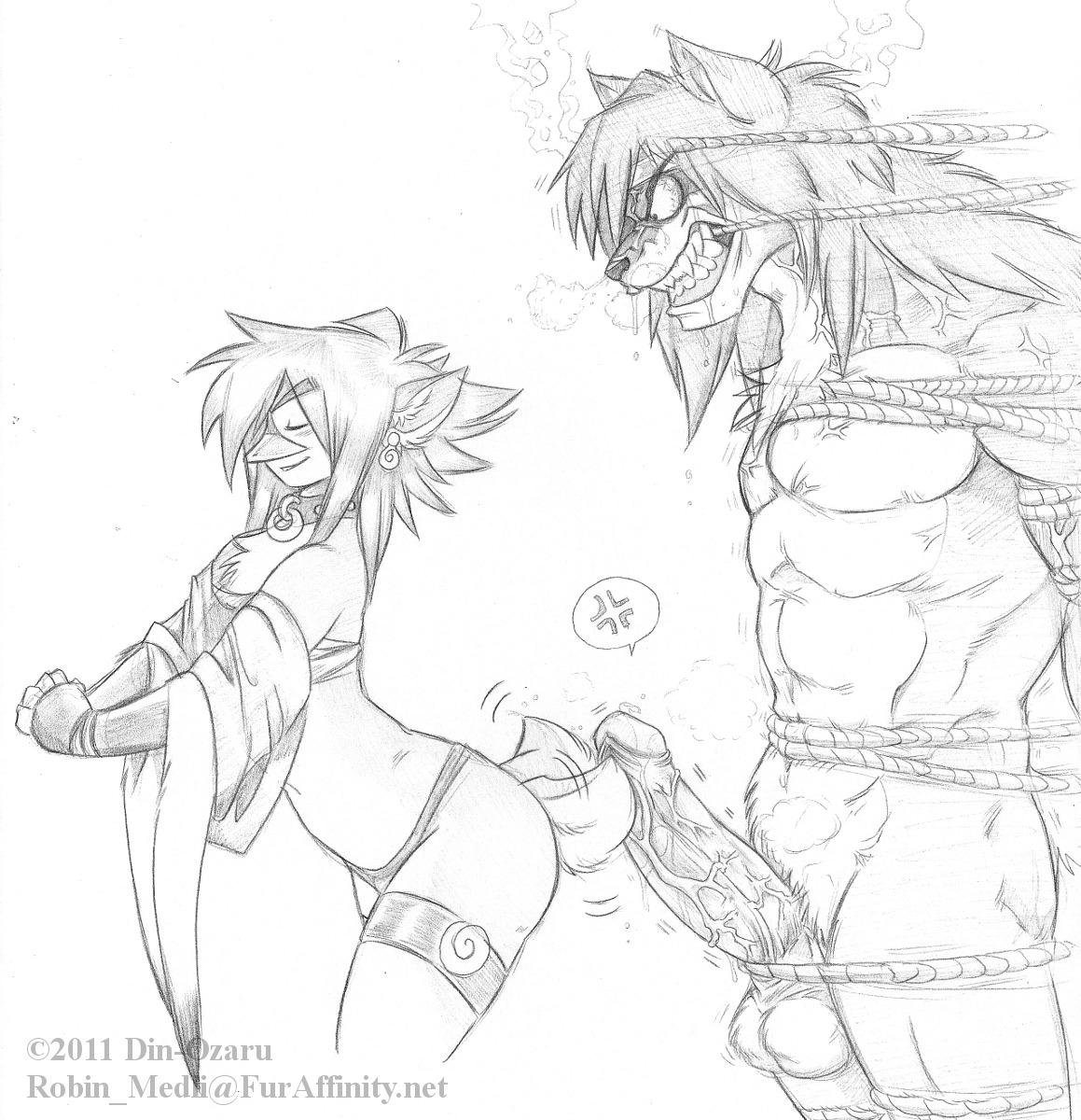 abs angry animal_genitalia anthro bad_idea balls bdsm beak biceps big_penis bodily_fluids bondage bound bs canid canine canis duo e621 erection female fur genitals graphite_(artwork) greyscale hair hi_res humor long_hair male mammal monochrome muscular nude pecs penis piercing robinmedli rope saliva sheath shiro_uzumaki standing teasing text thick_penis traditional_media_(artwork) url vein veiny_penis wolf