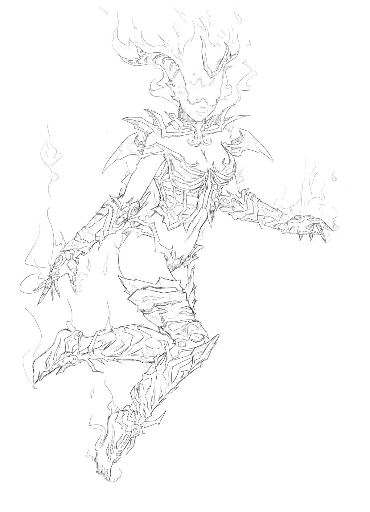 armor armored_female barefoot black_and_white_drawing clothed_female collar female fire flame_atronach horns no_eyes no_sex rule34 sketch skyrim solo_female tagme the_elder_scrolls