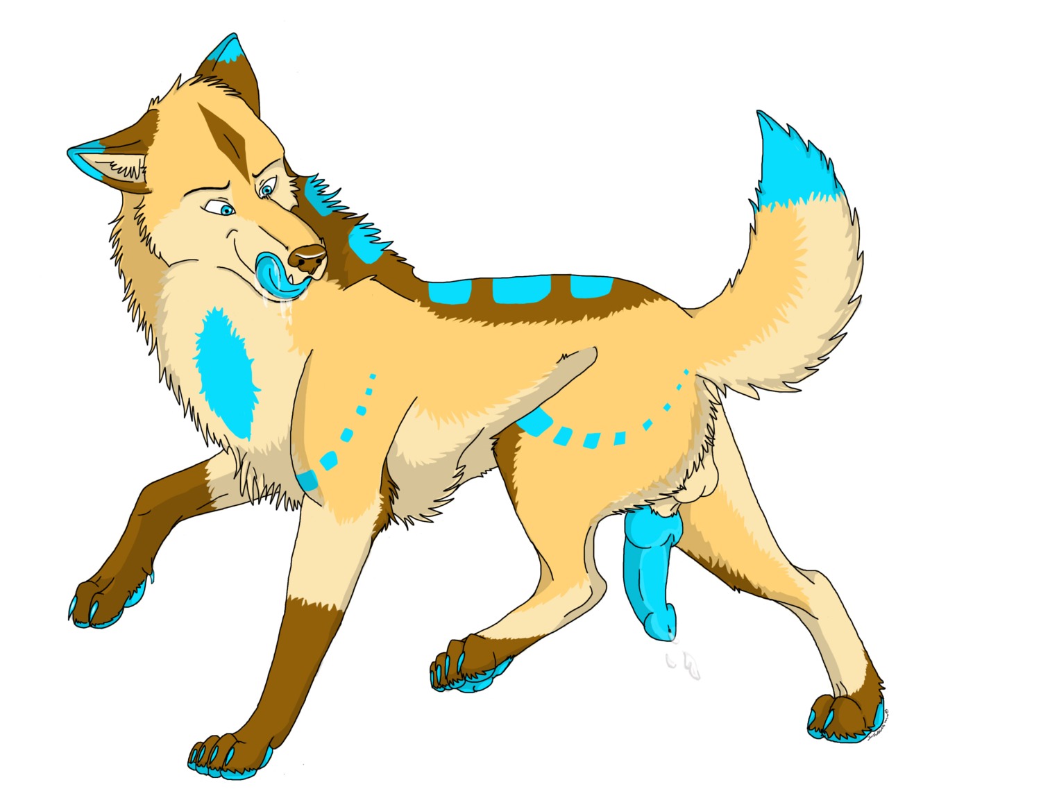 animal_genitalia balls blue_markings blue_penis blue_tongue bodily_fluids brown_body brown_fur canid canine canis cum cum_drip dipstick_tail domestic_dog dripping drooling e621 erection feral fur genital_fluids genitals half-erect hi_res jewlzmishta4ever knot looking_at_genitalia looking_at_penis male mammal markings nude penis quadruped saliva sheath side_view simple_background solo spots stare tail tail_markings tongue white_background wolf