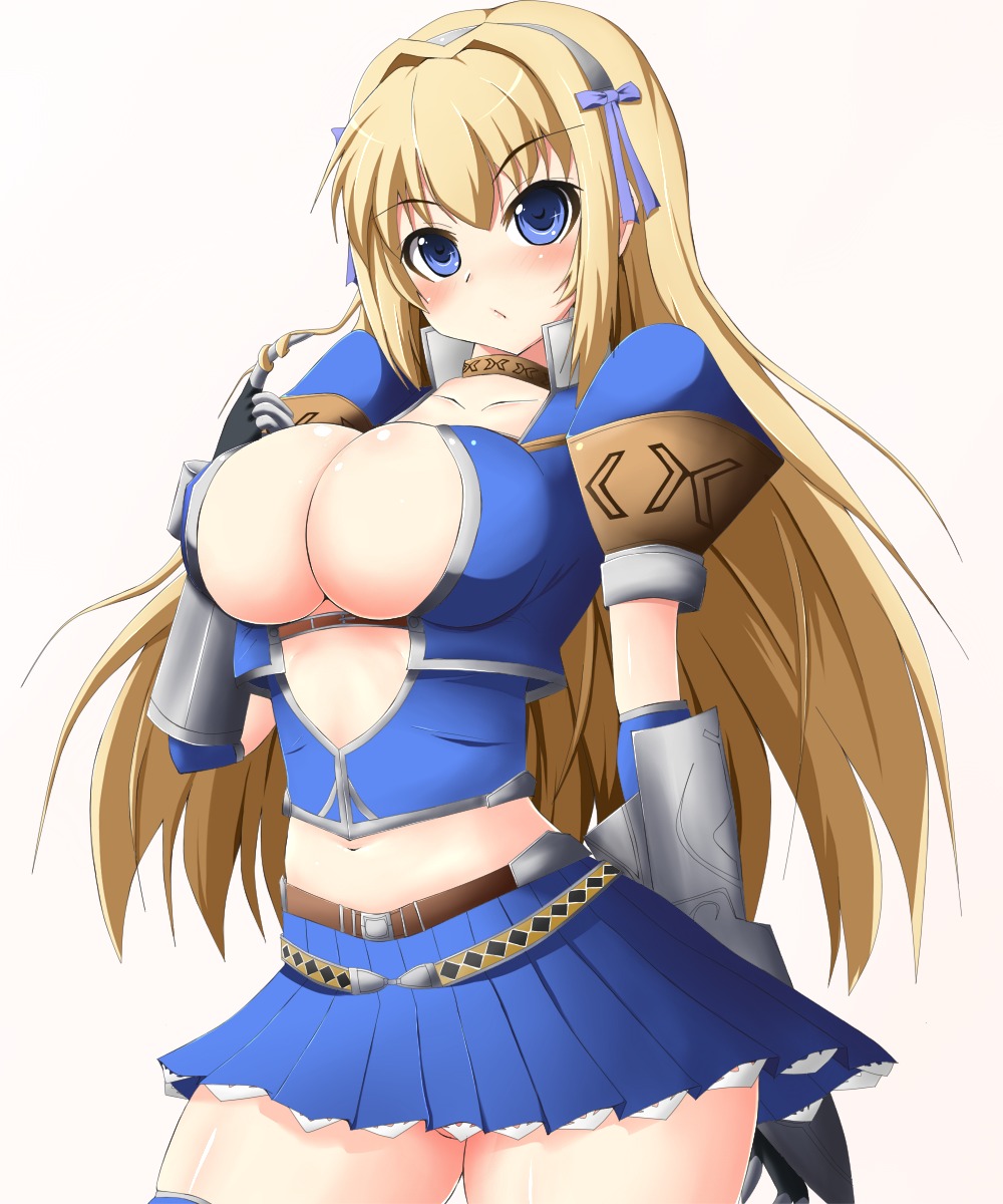 1girls asuru blonde_hair blue_eyes blush breasts capcom cleavage elbow_gloves female female_only gloves headband highres large_breasts long_hair midriff miniskirt mokuze monster_hunter monster_hunter_frontier navel pointy_chin revealing_clothes rule34 short_skirt skirt thighhighs ututunoyume