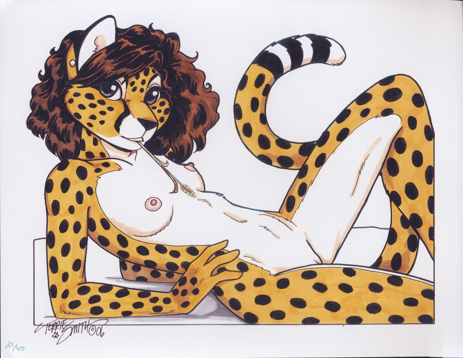 2006 absurd_res anthro biped black_arms black_body black_fur black_nose black_spots black_tail breasts brown_hair cheetah countershade_legs countershade_thighs countershade_torso countershading dated digital_drawing_(artwork) digital_media_(artwork) e621 ear_piercing felid feline female female_anthro fur genitals grass hair hi_res looking_at_viewer mammal multicolored_body multicolored_fur multicolored_tail nipples nude nude_anthro nude_female piercing plant portrait pose shaded signature simple_shading small_breasts solo spots spotted_arms spotted_legs tail terrie_smith three-quarter_portrait traditional_media_(artwork) vulva white_body white_breasts white_fur white_legs white_tail