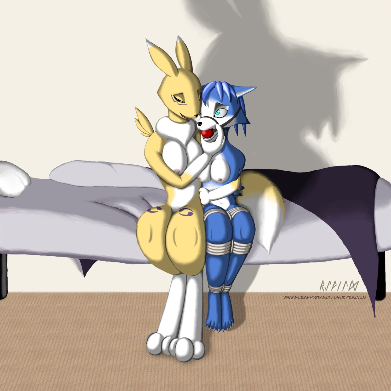 1:1 anthro ball_gag bandai_namco barefoot bdsm bed black_sclera blue_body blue_fur blue_hair bondage bound breasts canid canine crossover digimon digimon_(species) dipstick_tail dominant dominant_female duo e621 feet female female/female forced fox fur furniture gag gagged hair hands_behind_back hi_res hug imminent_rape imminent_sex krystal_(star_fox) legs_tied mammal markings nintendo nipples raevild renamon rope shadow simple_background sitting star_fox submissive submissive_female tail tail_markings text url white_background white_body white_fur yellow_body yellow_fur