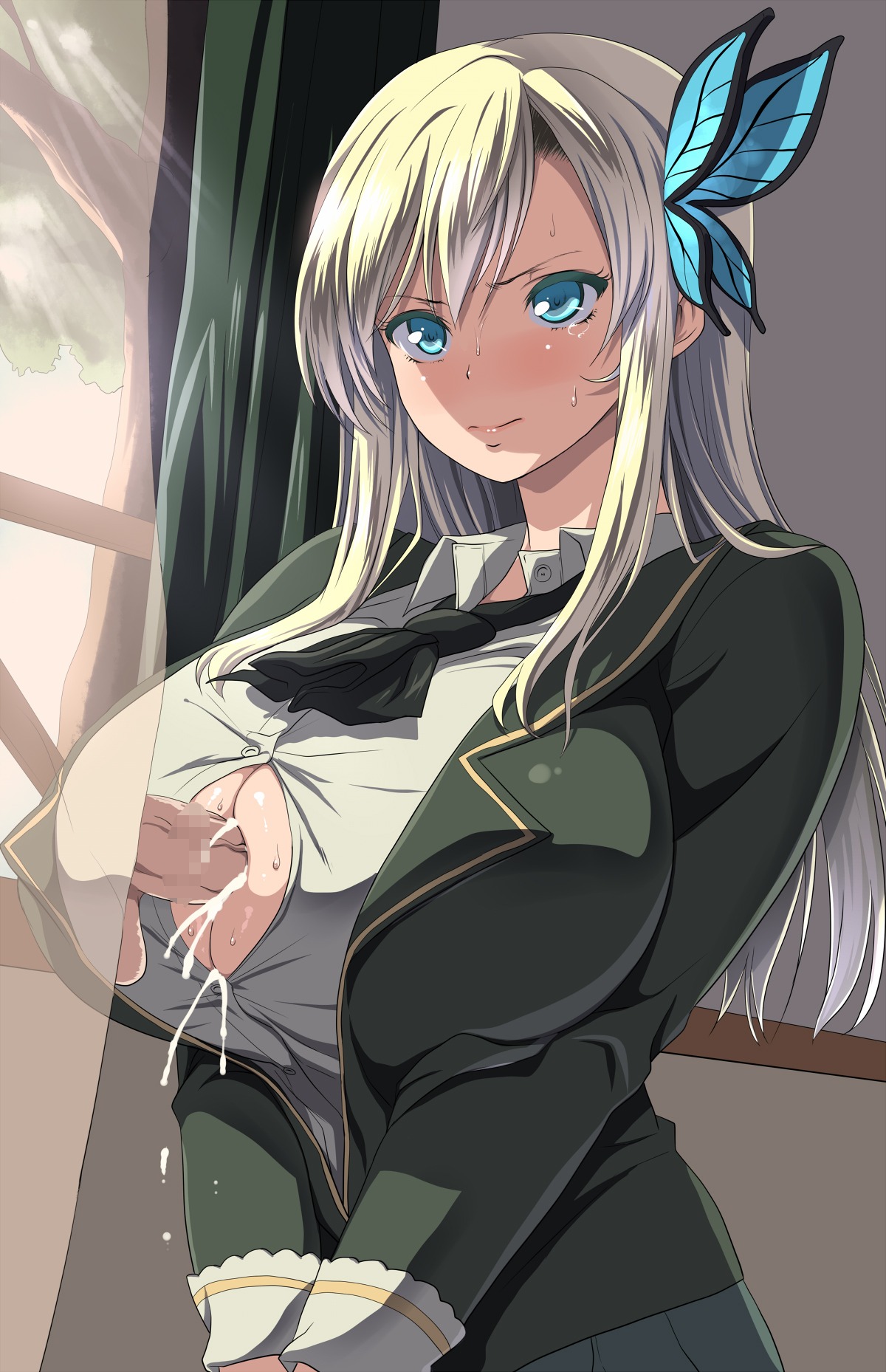 blue_eyes blush boku_wa_tomodachi_ga_sukunai breasts bursting_breasts butterfly butterfly_hair_ornament censored center_opening cum cum_in_clothes cum_on_body cum_on_breasts cum_on_upper_body female hair_ornament has_uncensored_version highres huge_breasts human kashiwazaki_sena kloah male necktie nervous paizuri paizuri_under_clothes penis penis_under_clothes perpendicular_paizuri rule34 school_uniform seat sweater uniform