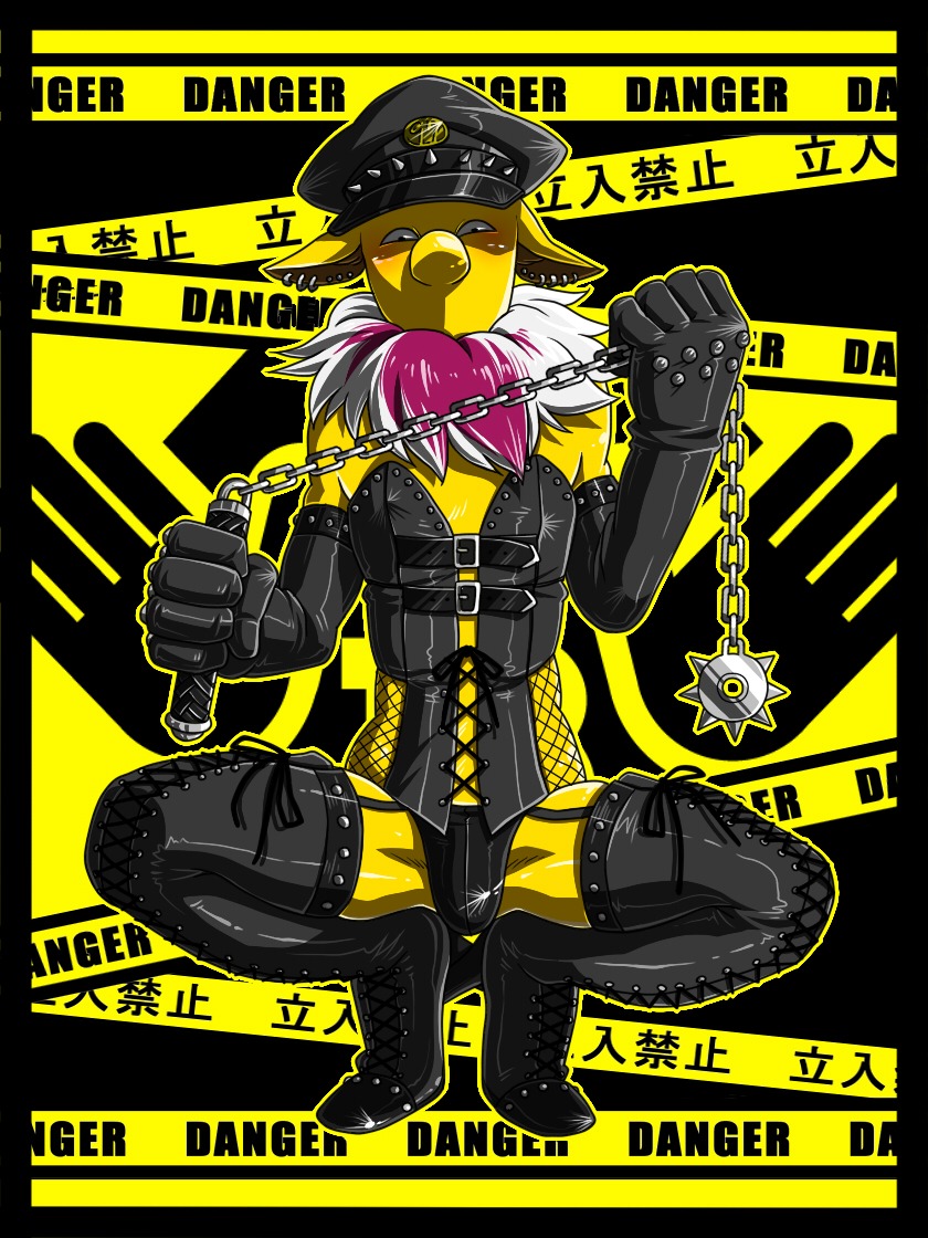 5_fingers anthro artist_request blush boots bulge clothes color ear_piercing footwear front_view gloves hat holding hypno looking_at_viewer mace male male_only open_eyes peaked_cap piercing pointy_ears pokemon pokemon_(species) pokemon_rgby rule34 solo source_request squatting thighhigh_boots yellow_fur