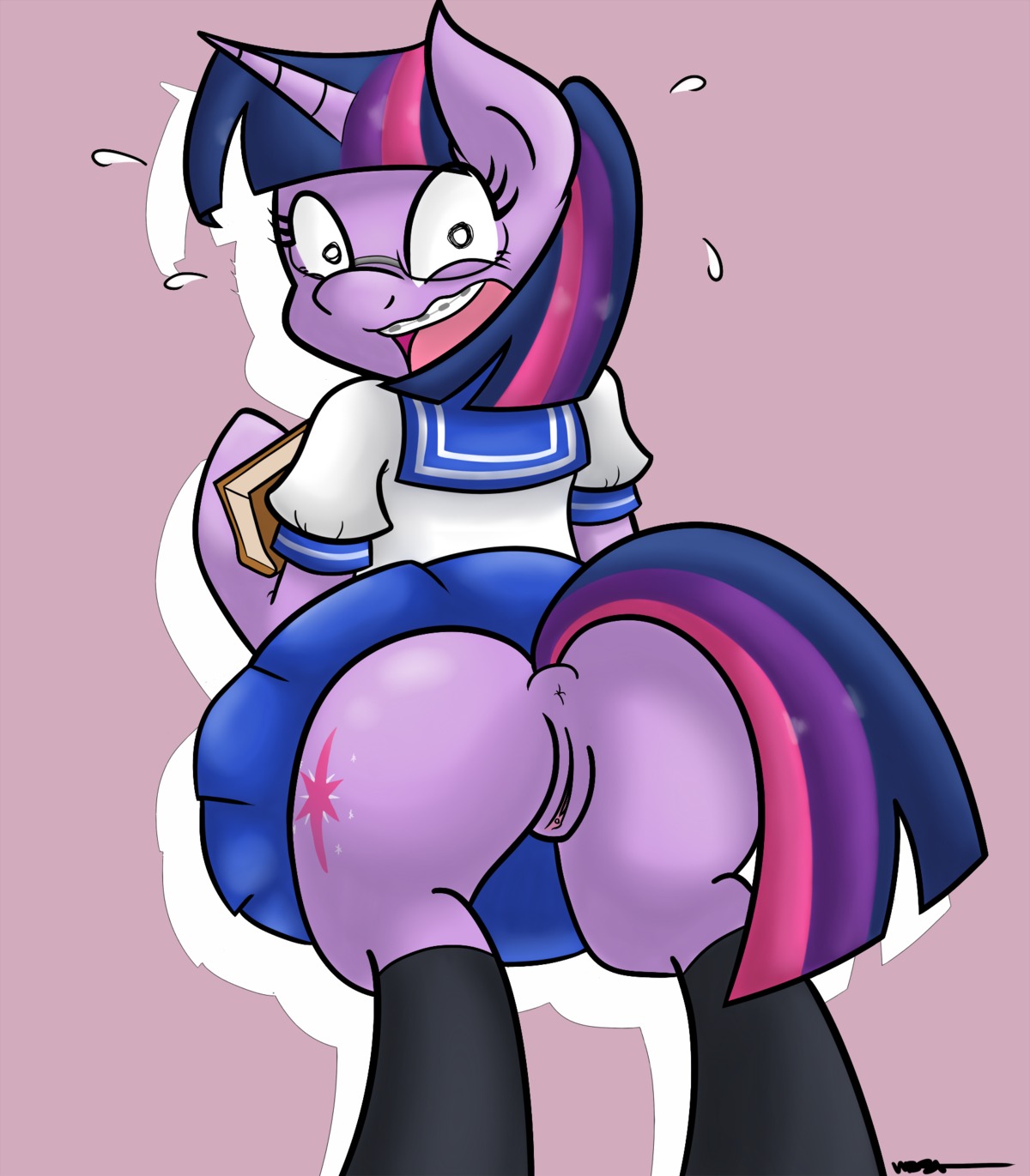 anthro anus biped black_eyes bodily_fluids book bottomwear braces butt clothed clothing e621 equid equine exposed eyelashes eyewear female friendship_is_magic fur genitals glasses grasp hair hasbro hi_res holding_book holding_object horn looking_at_viewer looking_back mammal multicolored_hair my_little_pony mythological_creature mythological_equine mythology open_mouth partially_clothed ponytail purple_background purple_body purple_fur purple_hair purple_nose raised_arm sailor_suit school_uniform semi-anthro shirt simple_background skirt solo standing startled sweat tail tail_under_skirt teeth topwear twilight_sparkle_(mlp) two_tone_hair unicorn uniform vulva white_eyes wiggabuysomeapples