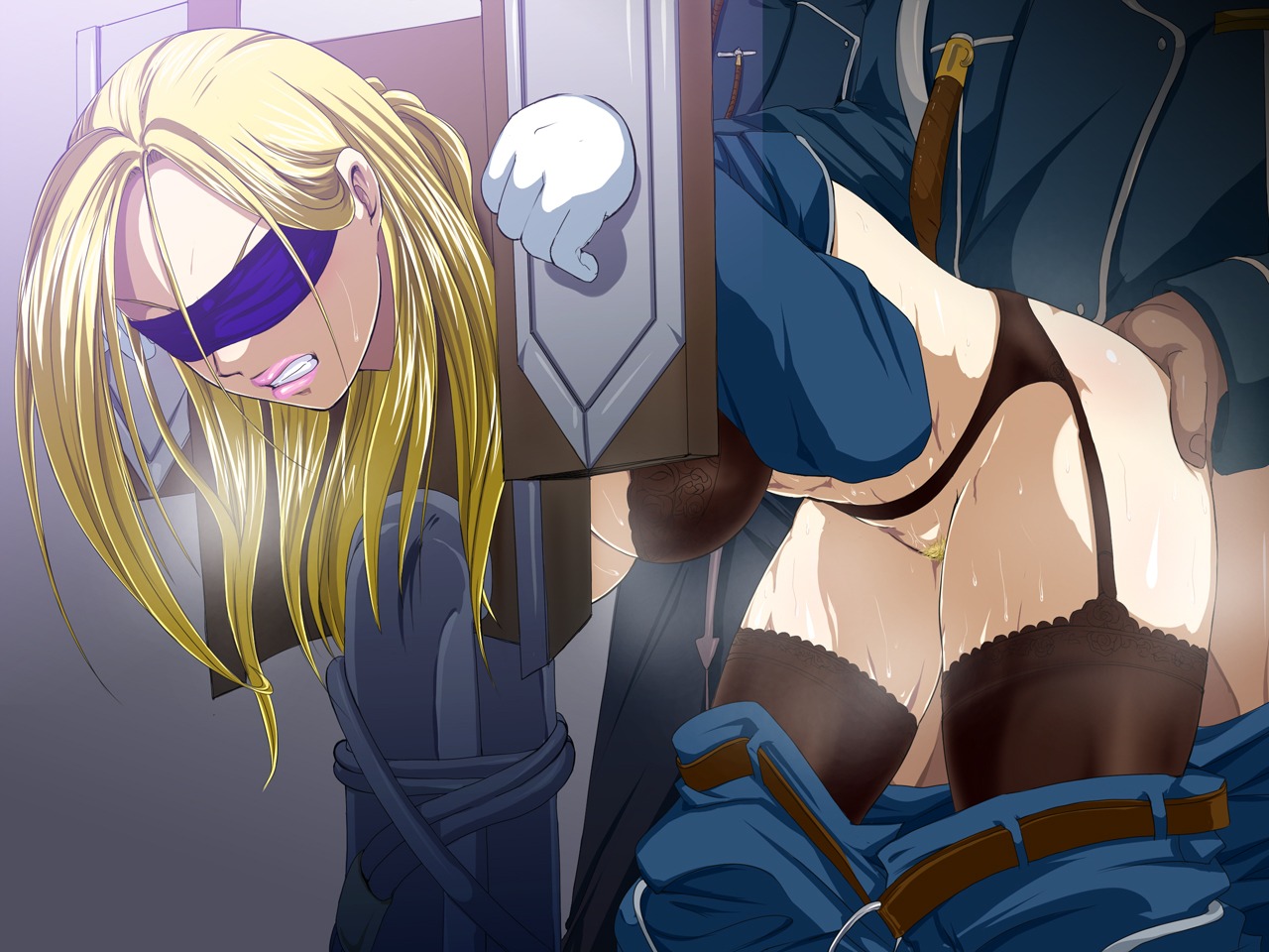 ass ass_grab belt bent_over blindfold blonde_hair blush bondage bound_wrists bra bsdm clenched_teeth doggy_style female fullmetal_alchemist garter_belt gloves human lingerie lipstick long_hair male olivier_mira_armstrong pants_down pillory pubic_hair raburebo rape rule34 sex stocks straight sweat thighhighs underwear undressing uniform
