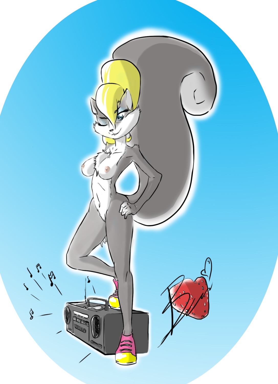 2014 anthro berri blonde_hair boombox breasts chest_tuft conker's_bad_fur_day e621 electronics female fur furrilicious genitals hair heart_symbol hi_res mammal musical_note musical_symbol nipples one_eye_closed radio rareware rodent sciurid simple_background smile solo symbol tree_squirrel tuft vulva wink