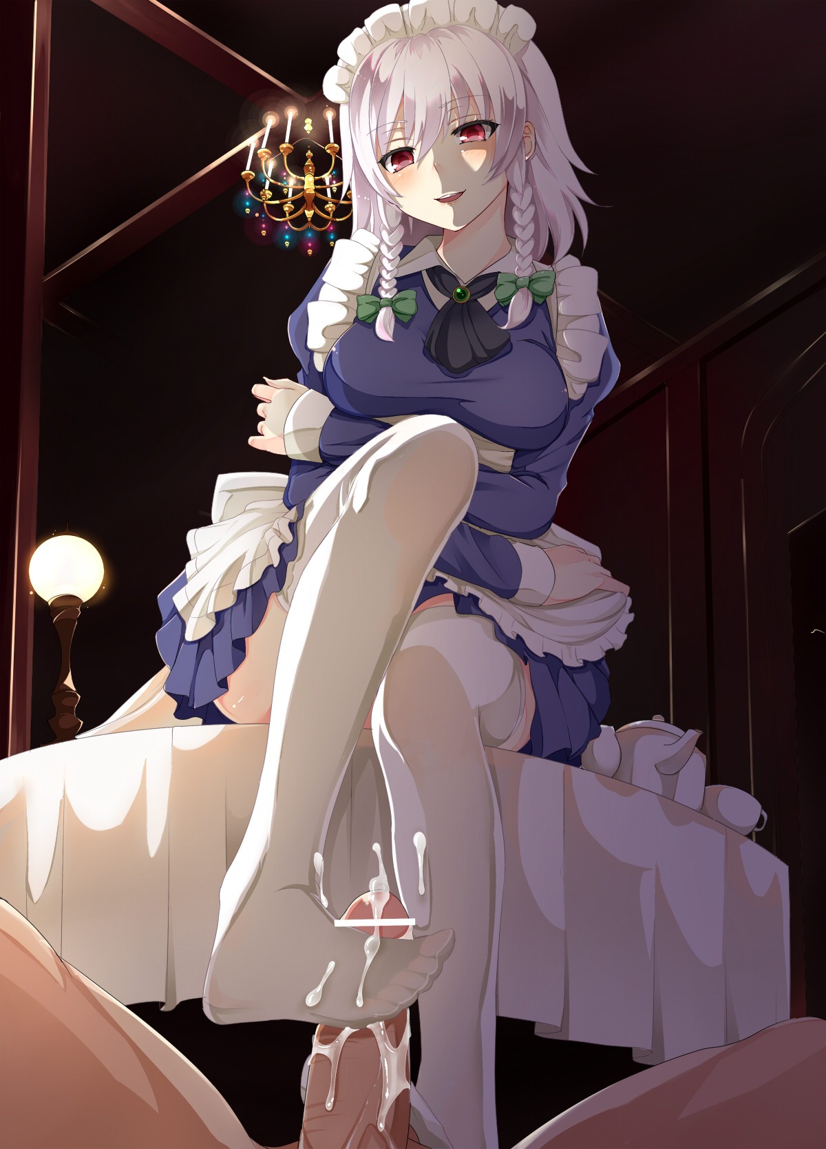 ballcaress balls blush braid breasts caressing_balls caressing_testicles censored crossed_arms cum cum_on_body cum_on_feet cum_on_lower_body feet female femdom foot_fetish foot_on_penis footjob footjob_with_legwear highres legs maid maid_headdress male nuko_(mikupantu) penis red_eyes rule34 sakuya_izayoi short_hair silver_hair sitting smile solo testicles the_embodiment_of_scarlet_devil thighhighs touhou twin_braids white_legwear