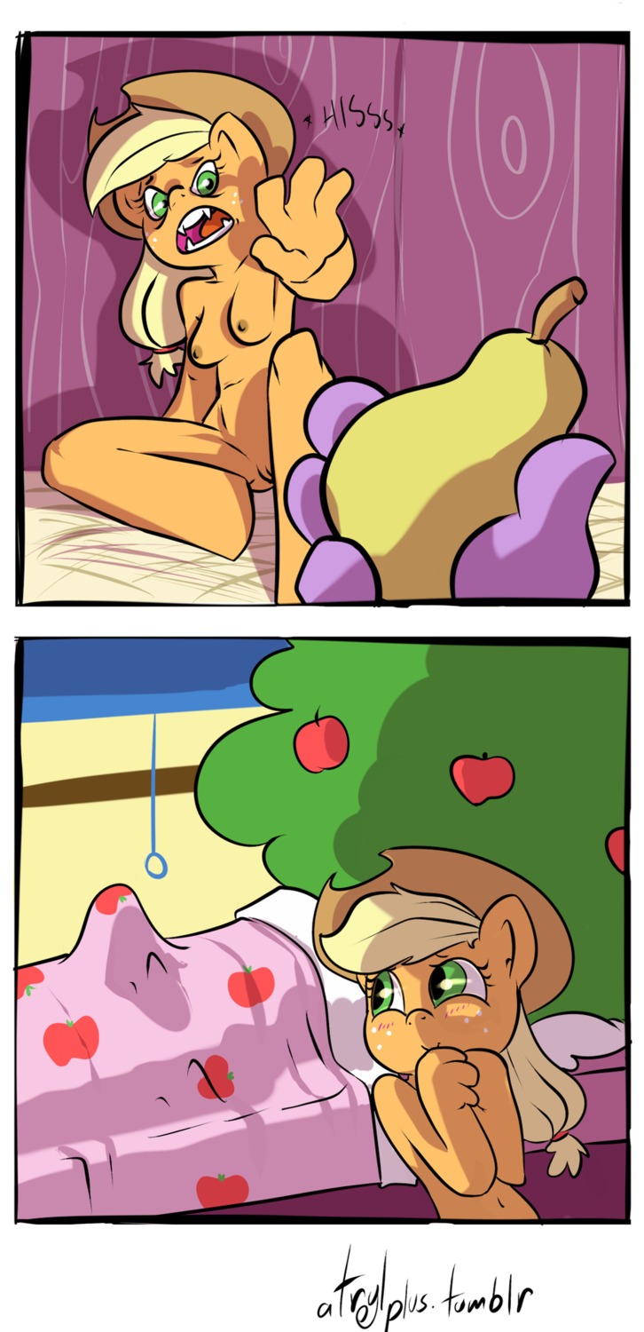 anthro anthrofied apple applejack_(mlp) atryl bloomberg_(mlp) breasts comic digital_media_(artwork) disembodied_hand duo e621 earth_pony equid equine erection fangs female feral food friendship_is_magic fruit genitals hasbro hi_res horse male mammal morning_wood my_little_pony nipples pear penis plant pony teeth vulva