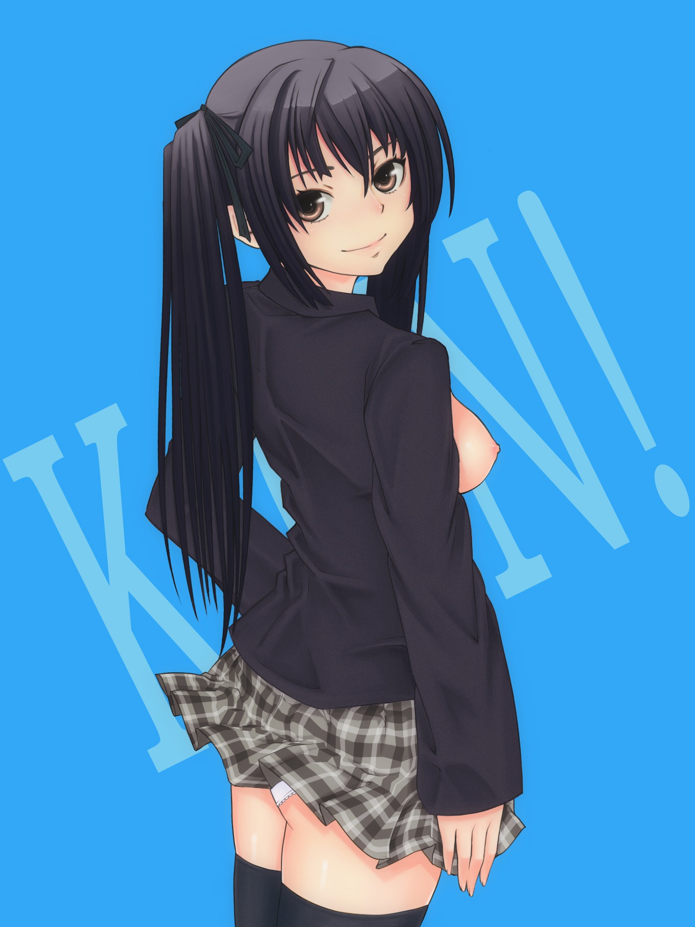 1girls alternate_breast_size azusa_nakano_(k-on!) black_hair breasts breasts_out brown_eyes copyright_name female female_only human human_only k-on! long_hair looking_at_viewer looking_back_at_viewer panties rule34 school_uniform simple_background smile solo tagme twintails