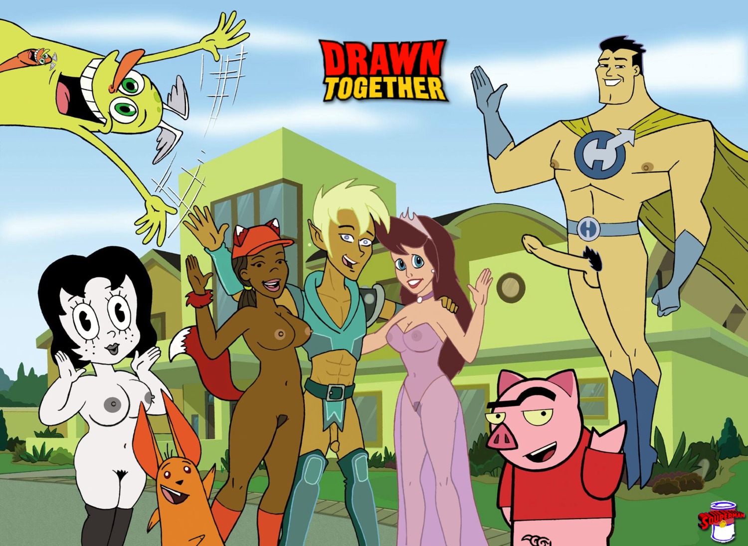 3girls 5boys animal_penis balls beige_skin belt bisexual bizarro_souperman black_hair blue_eyes boots breasts brown_hair captain_hero casual crown dark-skinned_female dark_skin drawn_together erect_nipples erect_penis female flaccid footwear fox_ears foxxy_love handwear headwear human ling-ling long_penis male medium_breasts multiple_females multiple_males naked_cape naked_footwear naked_with_shoes_on nipples nude orange_skin pale_skin partially_clothed penis penis_size_difference pig_penis pink_skin porcine_penis princess_clara pubic_hair rule34 smile spanky_ham tanned_skin toot_braunstein translucent_clothing uncensored waving white_skin wide_eyed wooldoor_sockbat wristwear xandir_p._wifflebottom yellow_hair yellow_skin