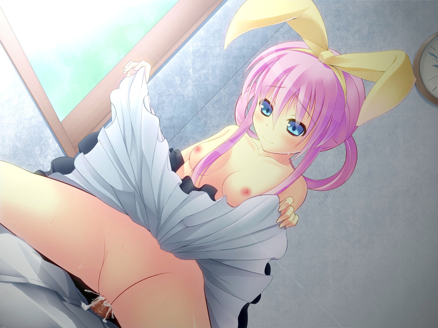 1boy 1girls blue_eyes bow breasts censored clothing female kuroneko_shiro male nipples penis pink_hair pussy ribbons rule34 sex sherlock_shellingford straight tantei_opera_milky_holmes topless
