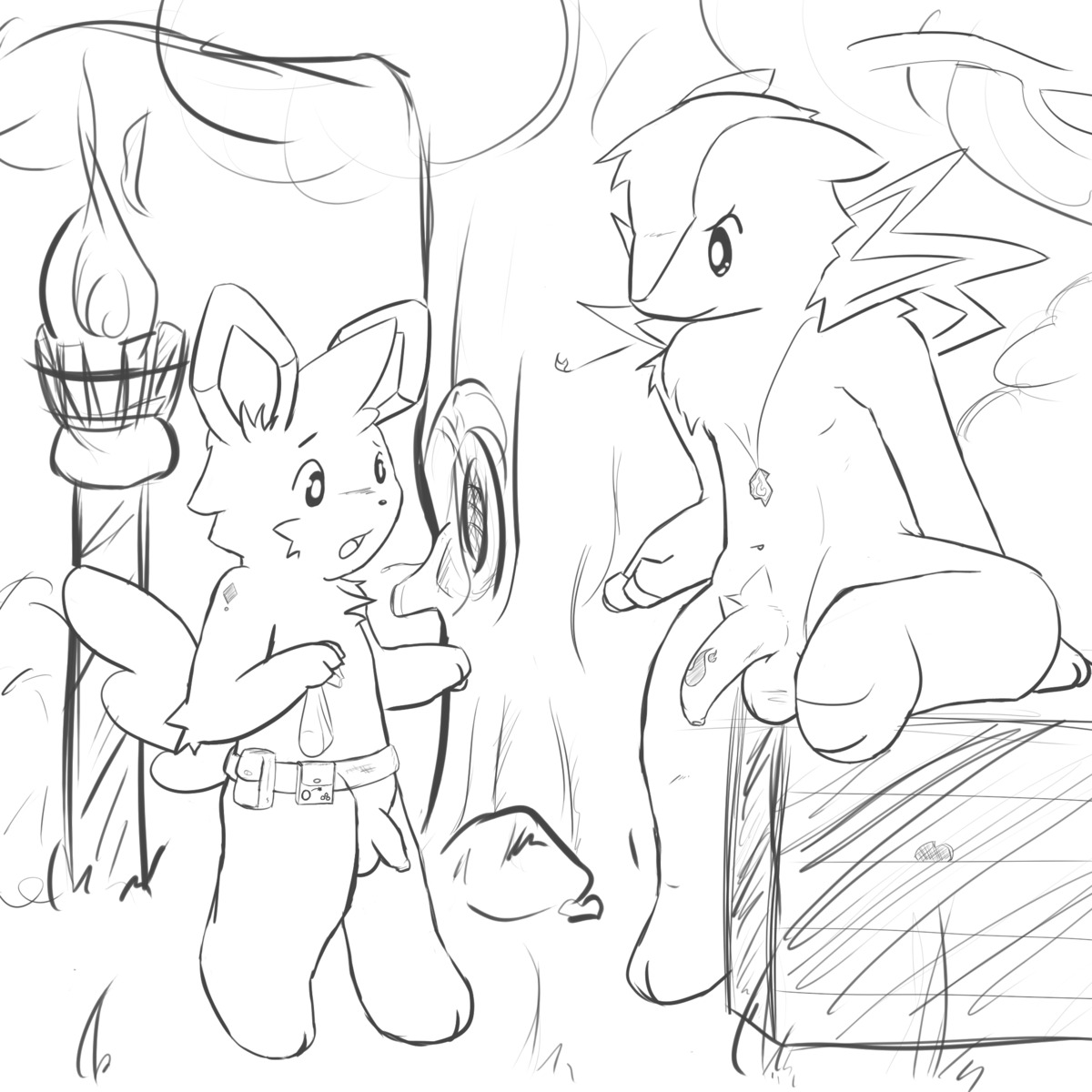 1:1 anthro black_and_white duo e621 female fire foreskin forest generation_2_pokemon generation_5_pokemon genitals half-erect hi_res kikoru male minccino monochrome nintendo outside penis plant pokemon pokemon_(species) tree tribal typhlosion wood young young_anthro