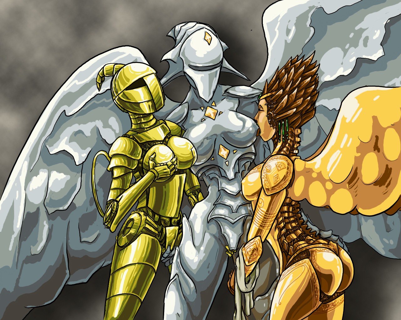 angel bronze_bombshell copper-leaf_angel female fff_threesome magic_the_gathering nipple_suck oniontrain platinum_angel robot rule34 wings yuri