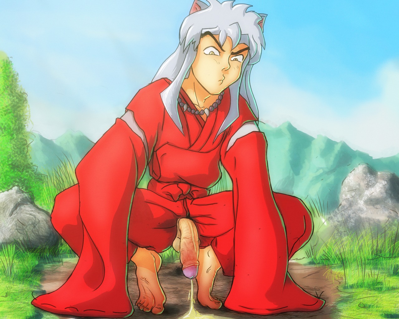 animal_ears anma barefoot demon dog_ears feet foreskin inuyasha inuyasha_(character) male male_only partially_retracted_foreskin pee peeing penis retracted_foreskin rule34 solo uncircumcised