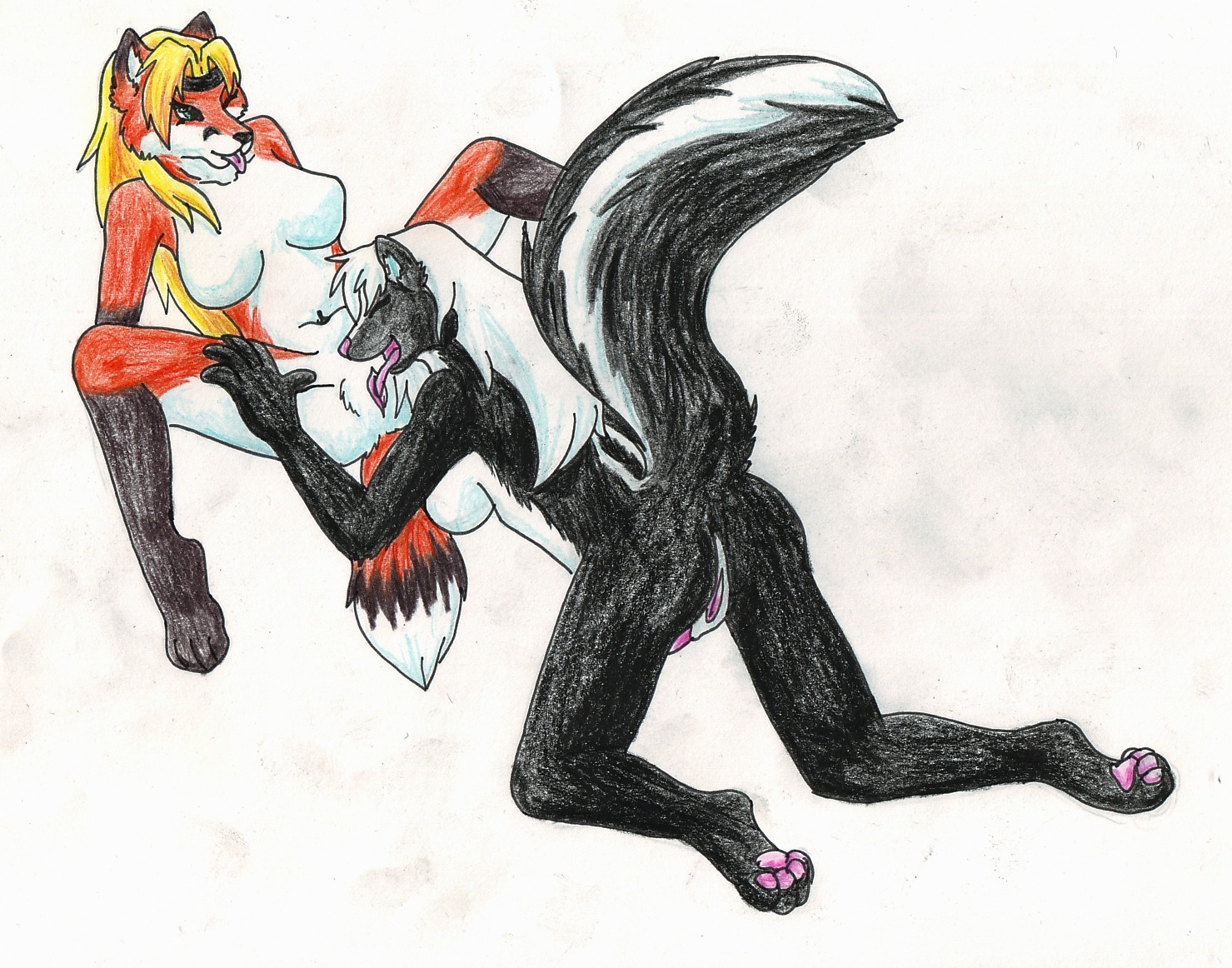 2012 anthro aurasoul_(artist) black_body black_fur black_nose blonde_hair breasts canid canine dipstick_tail duo e621 eyes_closed featureless_breasts female fluffy fluffy_tail fox foxy_kitsune fur genitals gloves_(marking) hair herm intersex leg_markings licking long_hair mammal markings mephitid nude orange_body orange_fur penis pink_nose red_fox sackless simple_background skunk socks_(marking) tail tail_markings tongue tongue_out traditional_media_(artwork) true_fox twillight_(twillightskunk) vulva white_background white_body white_fur white_hair