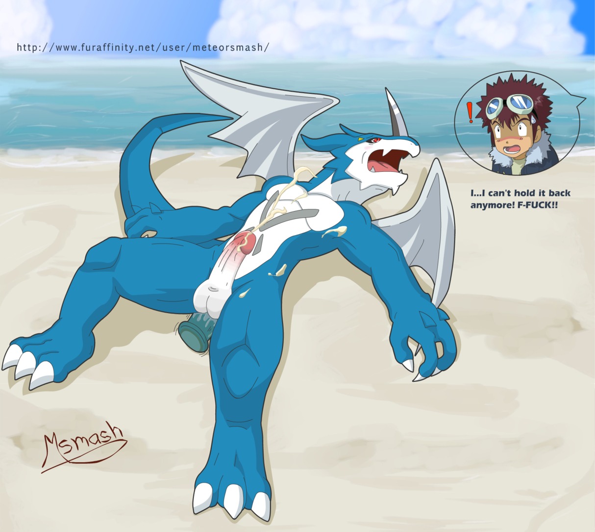 anal anal_penetration anthro balls bandai_namco beach being_watched biceps big_feet blade blue_body blue_skin blush bodily_fluids brown_hair child circumcised claws clothing cloud countershading cum cum_on_chest cum_on_penis cum_on_self cum_string cumshot davis_motomiya detailed_background dialogue digimon digimon_(species) dildo dragon duo e621 ejaculation english_text erection exclamation_point exveemon eyewear feet fist genital_fluids genitals glistening goggles grasp grey_body grey_skin hair human human_on_anthro humanoid_genitalia humanoid_penis humor interspecies jacket lizard looking_at_another looking_away lying male mammal membrane_(anatomy) membranous_wings meteorsmash muscular mythological_creature mythological_scalie mythology nude open_mouth orgasm outside pecs penetration penis profanity red_eyes reptile sand scalie sea seaside sex_on_the_beach sex_toy shadow shirt shocked short sky spread_legs spreading tail teeth text toe_claws tongue toony topwear url water white_body white_skin wings young