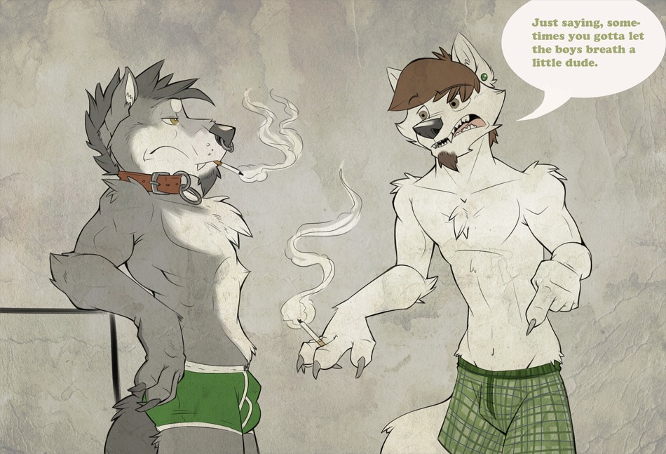 2013 5_fingers andrew_(dragondrawer) anthro black_nose boxers_(clothing) boxers_versus_briefs briefs brown_hair bulge canid canine canis chest_tuft cigarette claws clothed clothing collar detailed_bulge dialogue dragondrawer duo e621 ear_piercing english_text facial_piercing fangs fingers fur genital_outline green_clothing green_underwear grey_body grey_fur hair male mammal navel nose_piercing nose_ring piercing ring_piercing septum_piercing septum_ring sheath_outline smoke smoking speech_bubble tail teeth text tobacco topless tuft underwear white_body white_fur wolf