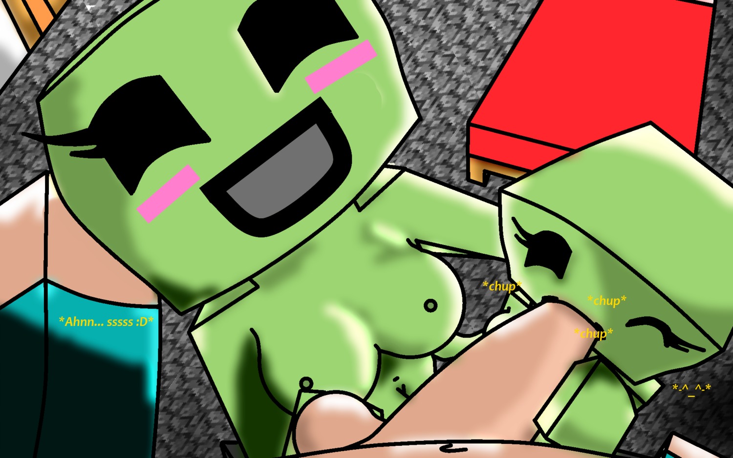 balls_grab collaborative_fellatio creeper fellatio female male male_pov minecraft point_of_view pov pov_eye_contact rule34 smile steve_(minecraft) straight tagme