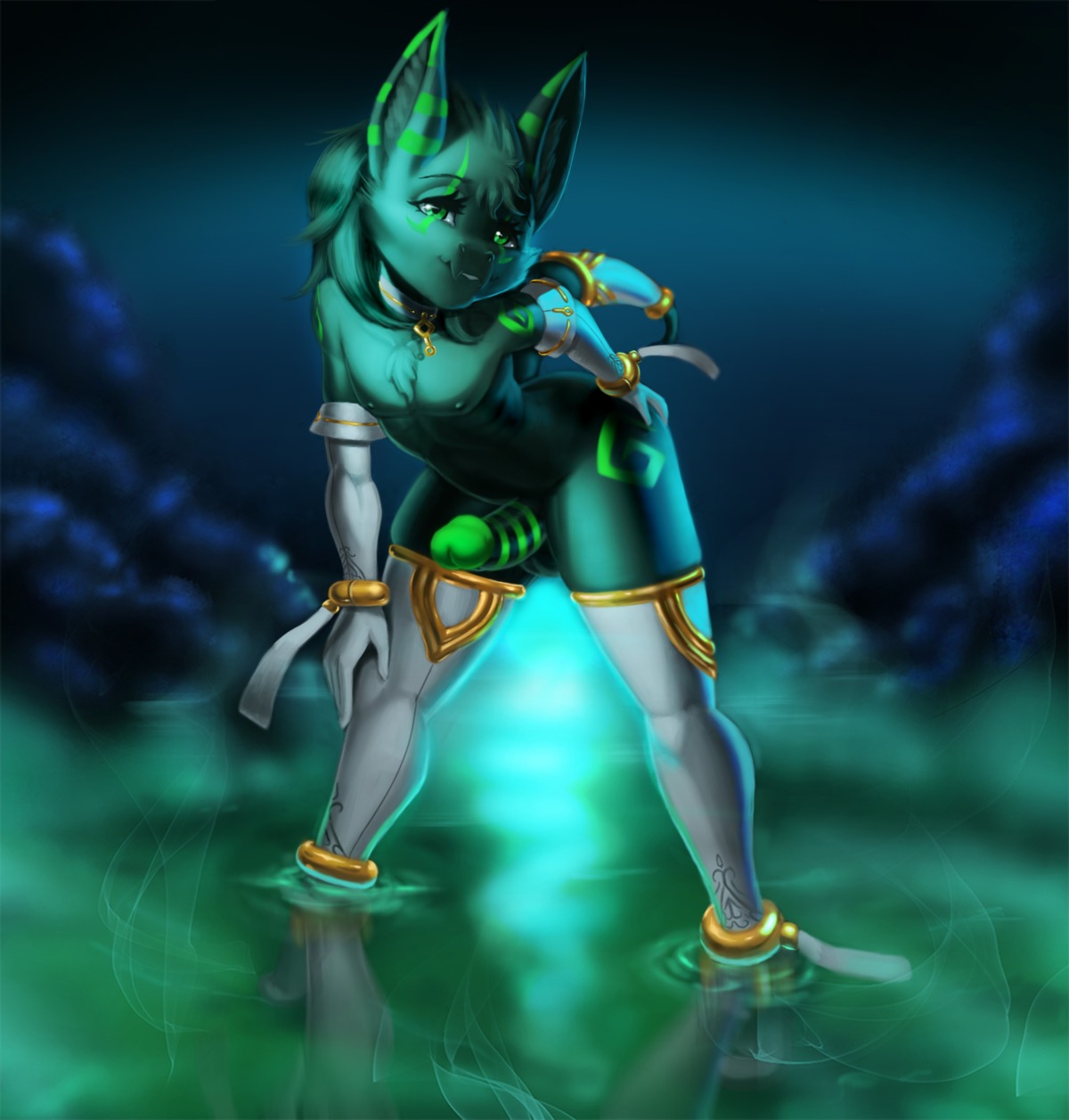 2014 accessory anklet anthro armwear balls barefoot bent_arm bent_over bent_over_with_legs_held_straight biped bracelet chest_tuft clothing collar dax_(daxzor) dclzexon dragon e621 elbow_gloves erection extended_arm feet femboy foot_in_water fur furgonomics genitals gloves gold_(metal) green_body green_eyes green_hair green_penis green_skin hair hand_on_butt hand_on_knee hand_on_leg hand_on_own_butt hand_on_own_knee hand_on_own_leg handwear hi_res holding_butt holding_knee holding_leg humanoid_genitalia humanoid_penis jewelry leaning_on_self legwear looking_at_viewer male markings mythological_creature mythological_scalie mythology night nipples nude outside partially_submerged paws penis pinup playful pose scalie sky solo standing straight_legs striped_genitalia striped_penis stripes tail tail_accessory tailband thick_thighs thigh_highs three-quarter_view tuft water wide_hips wide_stance