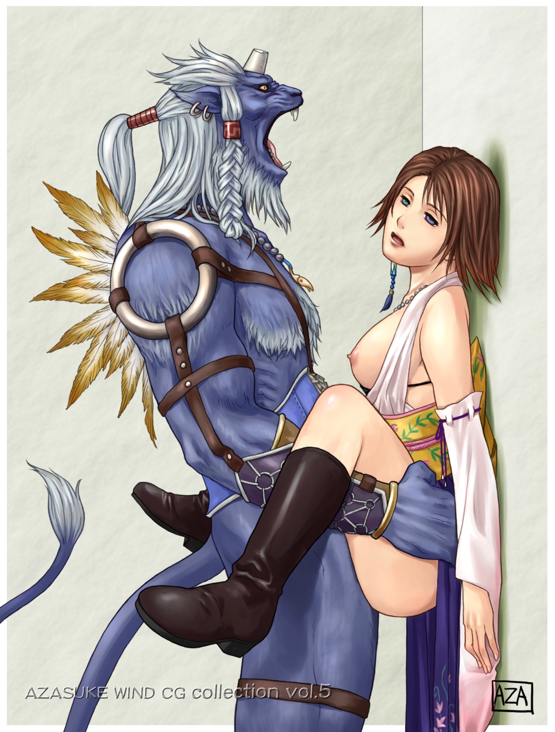 1boy 1girls 2d ass azasuke boots breasts clothed_sex dead_eyes empty_eyes female final_fantasy final_fantasy_x fucked_silly furry heterochromia highres jewelry kimahri male monster ronso rule34 sex short_hair straight yuna