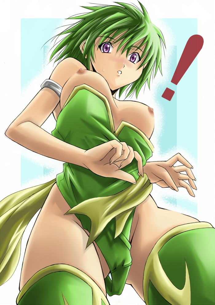 breasts female female_only final_fantasy final_fantasy_iv from_below green_hair human nipples purple_eyes rule34 rydia solo thighhighs wardrobe_malfunction yamada_(fanfantaisa)