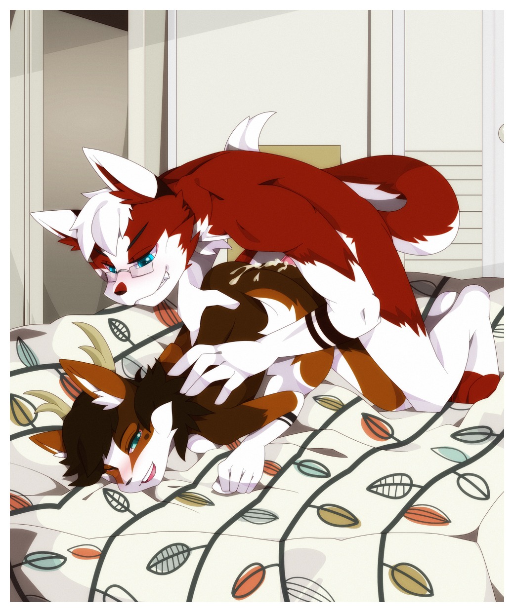 anthro bed bedroom blush bodily_fluids border canid canine cum deer duo e621 eyewear female furniture genital_fluids genitals glasses hi_res inside leg_markings male male/female mammal markings nude on_bed oouyuki_benten penis size_difference socks_(marking) tail white_border young young_anthro young_male