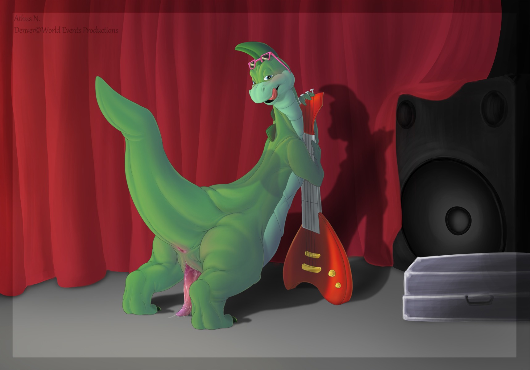 amplifier animal_genitalia anthro anus athus bald bass_guitar biped blue_eyes blush bodily_fluids butt case claws corythosaurus cum cum_on_ground cum_on_penis curtains denver denver_the_last_dinosaur dinosaur e621 erection eyewear genital_fluids genital_slit genitals glasses glistening grasp green_body green_skin guitar hadrosaurid happy hi_res hug inside licking licking_lips licking_own_lips lizard looking_at_viewer looking_back male musical_instrument nude ornithischian ornithopod penis pink_body pink_penis pink_skin plucked_string_instrument prehistoric_species presenting presenting_hindquarters rear_view reptile scalie self_lick shadow smile solo speaker stage standing stereo string_instrument tail tapering_penis tongue tongue_out