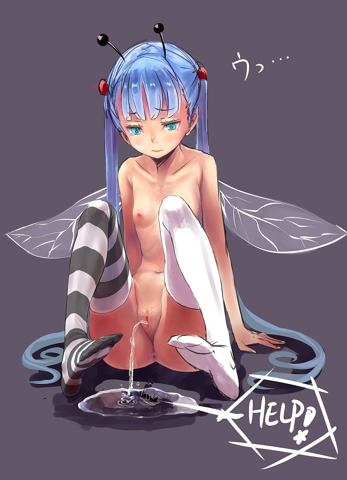 antennae anus arm_support blue_hair blush collarbone female green_eyes highres insect_wings long_hair mismatched_legwear navel necoalb necolab nipples nude original peeing pubic_hair pussy rule34 simple_background sitting striped striped_legwear tear thighhighs tied_hair twintails uncensored very_long_hair wings