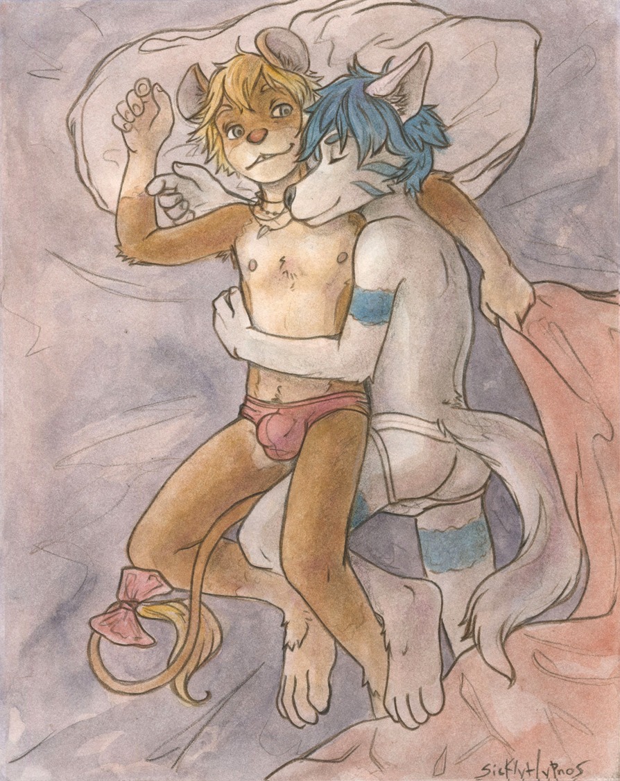 5_fingers accessory anthro arm_around_shoulders arm_hair armpit_hair bed bedding biped blanket blonde_hair blue_hair body_hair bow_(feature) bow_accessory bow_ribbon briefs brown_body brown_fur bulge butt canid canine canis chest_tuft clothed clothing detailed_bulge duo e621 eyes_closed fingers foot_tuft fur furgonomics furniture genital_outline gloves_(marking) grey_body grey_fur hair hug interspecies jewelry jockstrap leg_markings lying male male/male male_anthro mammal markings mouse murid murine necklace nipples on_back on_bed on_side painting_(artwork) penis_outline pillow plantigrade predator/prey pubes ribbons rodent sicklyhypnos smile socks_(marking) tail tail_accessory tail_between_legs tail_bow tail_ribbon tail_tuft thong topless traditional_media_(artwork) traditional_painting_(artwork) traditional_watercolor_(artwork) tuft underwear watercolor_(artwork) wolf