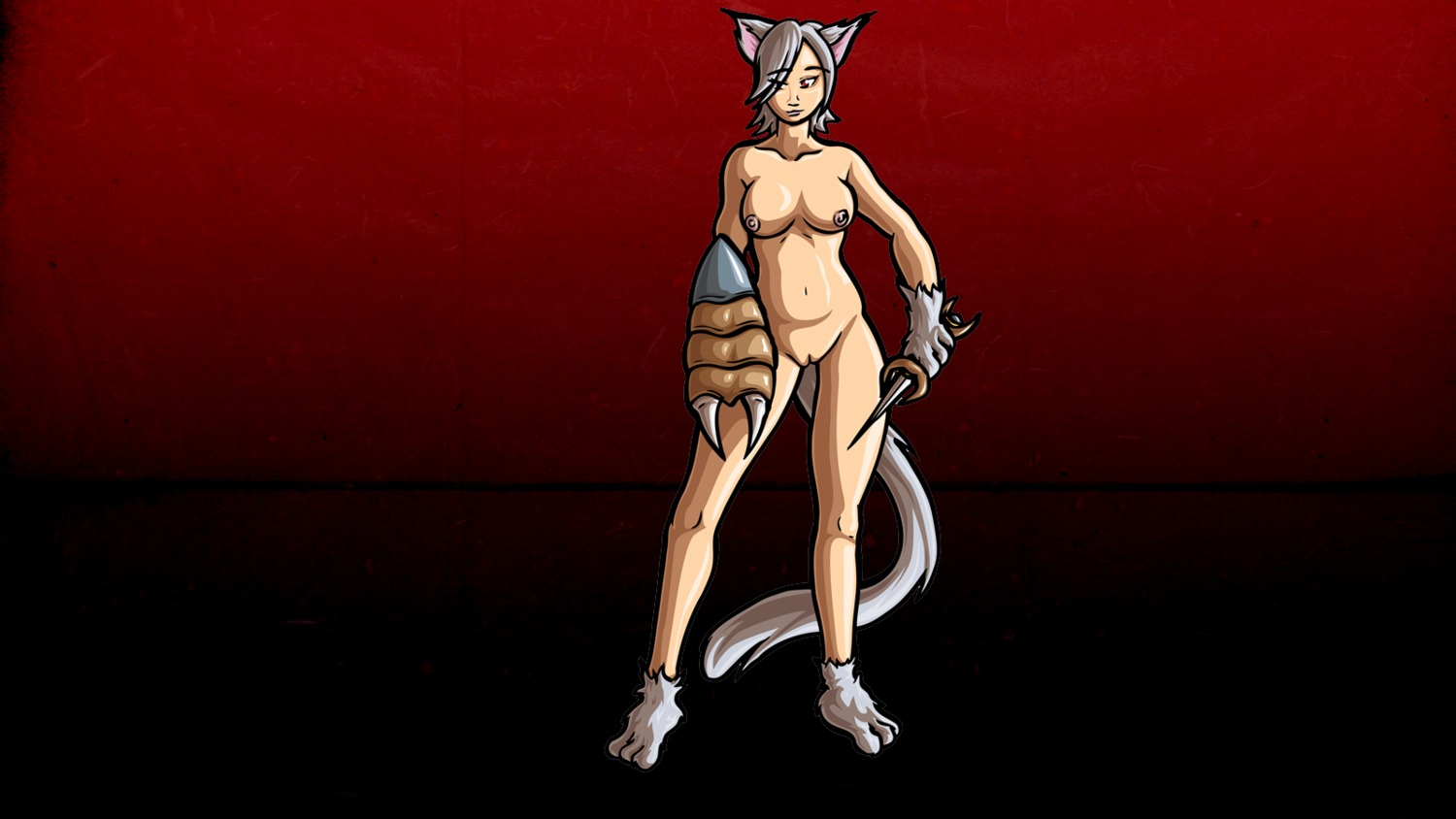 16:9 1girls breasts cat_girl catgirl dagger female maplestory navel nude paws pussy red_background red_eyes rule34 solo standing tail thief_(maplestory) uncensored wallpaper weapon white_hair xexus