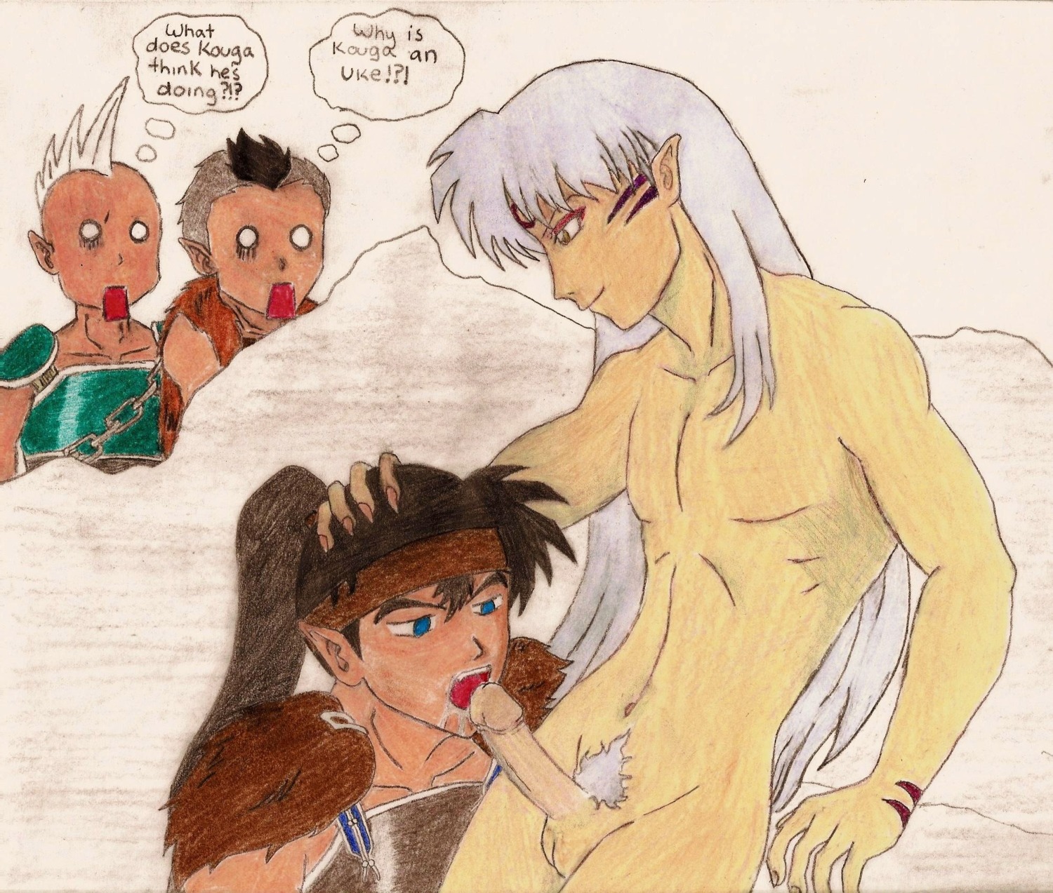 4boys artist_request balls color colored cum english_text gay ginta_(inuyasha) hakkaku_(inuyasha) inuyasha koga male male/male male_only multiple_boys multiple_males naked nude nude_male nudity oral oral_sex penis rule34 sesshoumaru sex testicles thought_bubble uncensored yaoi