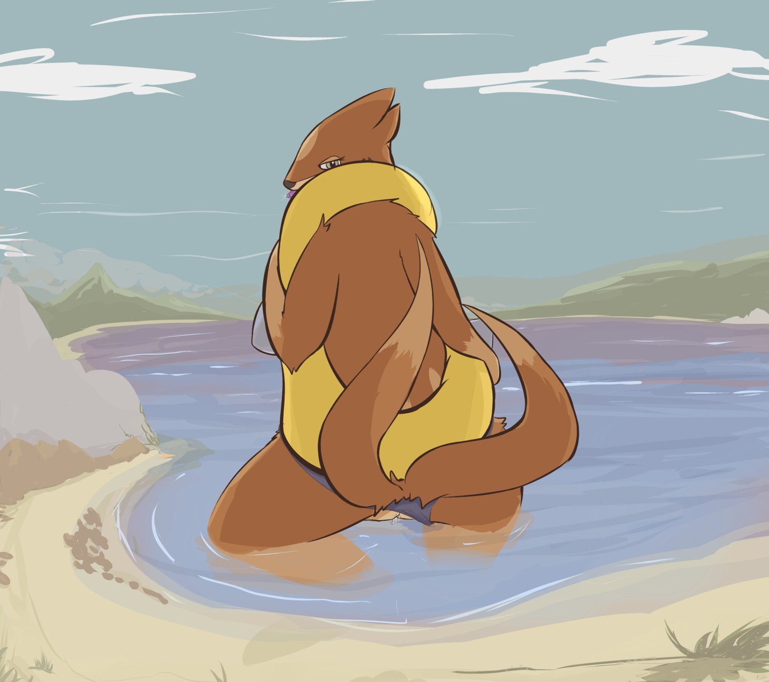 absurd_res beach bodily_fluids cloud condom condom_in_mouth e621 feathers_(artist) female feral floatzel generation_4_pokemon genital_fluids genitals green_eyes hi_res looking_at_viewer looking_back mammal mouth_hold multi_tail mustelid nintendo object_in_mouth outside pokemon pokemon_(species) raised_tail seaside sexual_barrier_device sky solo standing tail unused_condom vaginal_fluids vulva wrapped_condom
