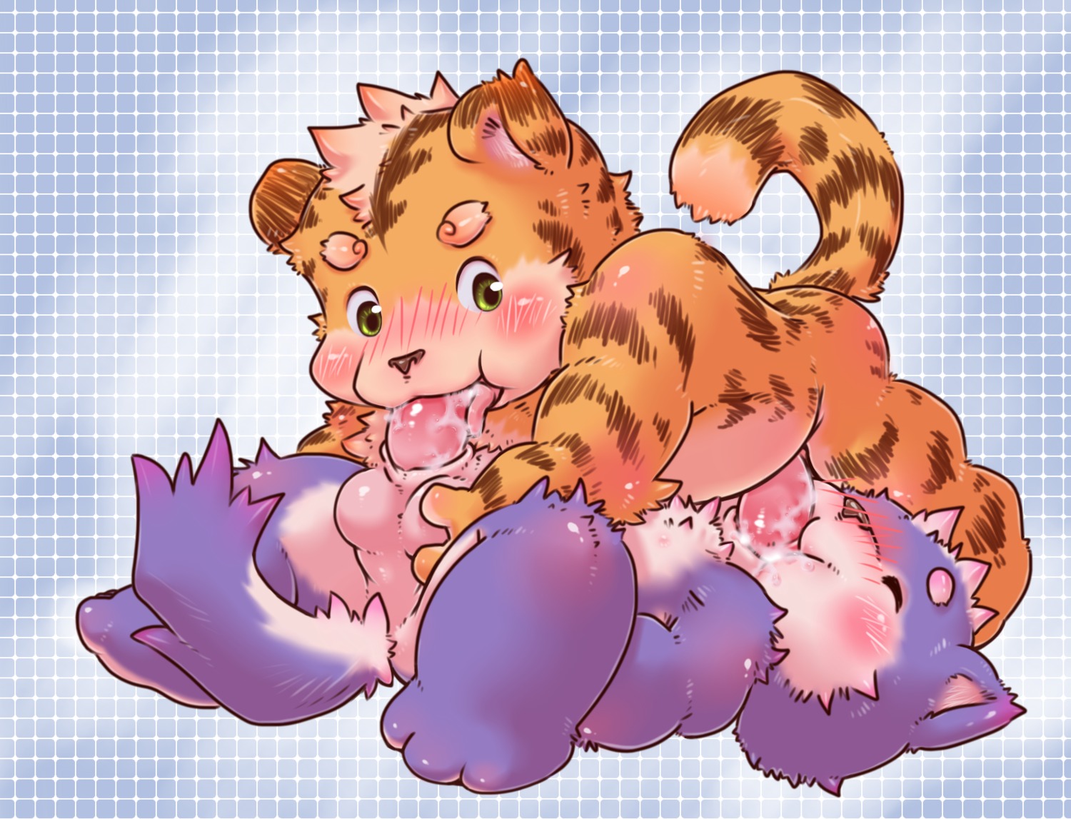 69_position animal_genitalia anthro ball_fondling balls blush bodily_fluids canid canine canis cum cum_in_mouth cum_inside domestic_cat duo e621 erection eyes_closed felid feline felis fellatio fondling genital_fluids genitals green_eyes hi_res kemono lilinfeng lying male male/male male_penetrated male_penetrating male_penetrating_male mammal oral oral_penetration pantherine pattern_background penetration penile penis sex sheath simple_background tiger tongue wolf young young_anthro young_on_young