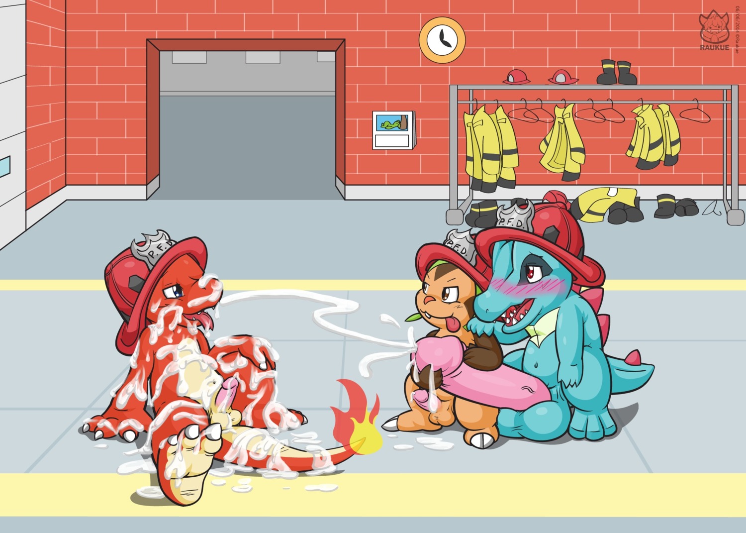 alternate_version_at_source armor balls big_balls big_penis blue_body blue_skin blush bodily_fluids charmeleon chespin circumcised clock clothing cum cum_covered digital_media_(artwork) e621 erection fire firefighter_helmet flaming_tail generation_1_pokemon generation_2_pokemon generation_6_pokemon genital_fluids genitals group headgear helmet hi_res huge_penis humanoid_genitalia humanoid_penis hyper hyper_genitalia hyper_penis male male/male messy naughty_face nintendo open_mouth orange_body orange_skin orgasm penis pokemon pokemon_(species) raukue signature tail tongue tongue_out totodile uniform