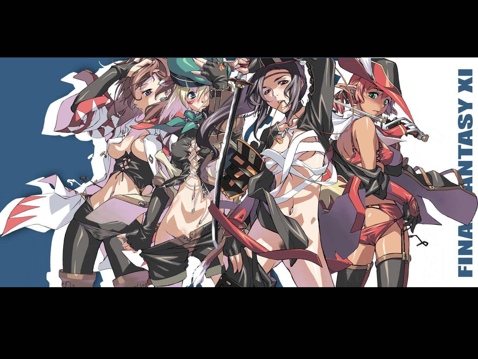 4girls bandage cleavage feather_in_hat female female_only final_fantasy final_fantasy_xi garter_belt hat katana multiple_females multiple_girls ranger red_mage rule34 samurai sword tail takemura_sesshuu weapon white_mage